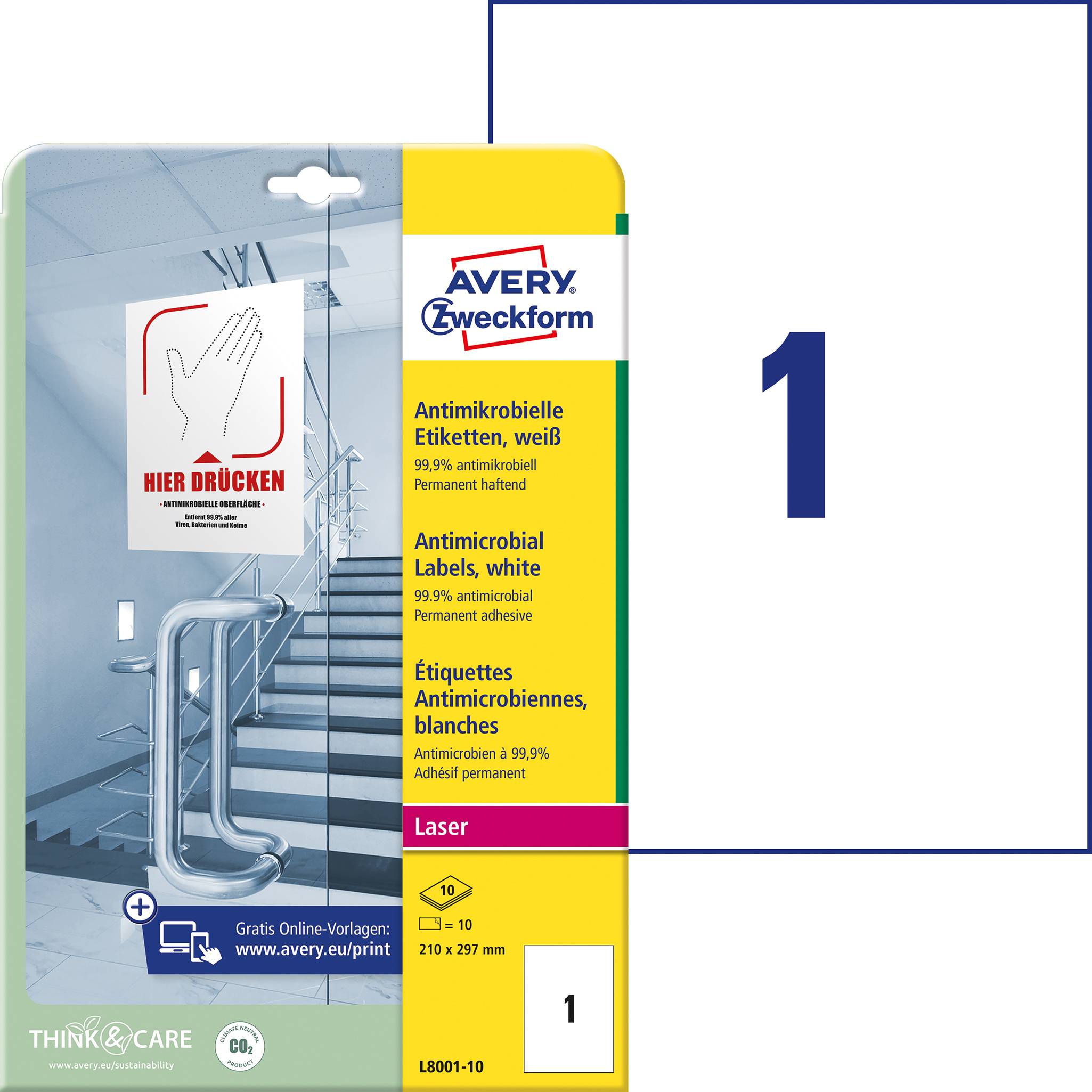 Avery-Zweckform L8001-10 Étiquettes antimicrobiennes 210 x 297 mm film de polyester blanc 10 pc(s) fixation permanente 10 feuille
