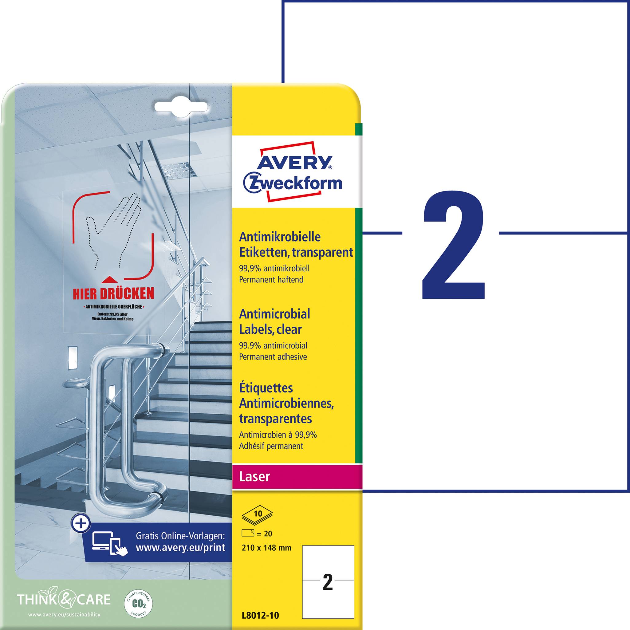 Avery-Zweckform L8012-10 Étiquettes antimicrobiennes 148 x 210 mm film de polyester transparent 20 pc(s) permanente 10 feuille