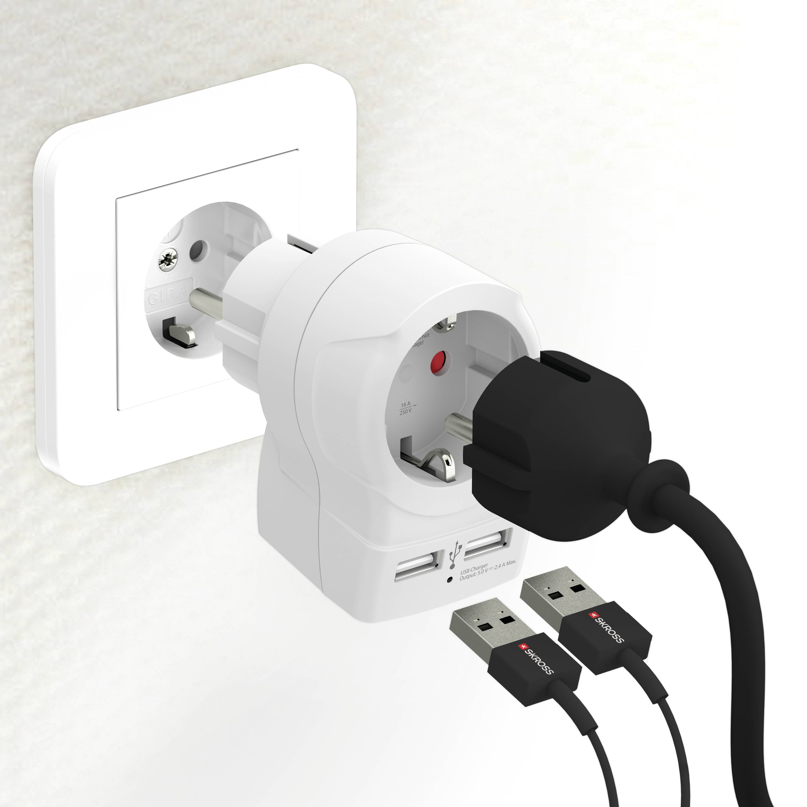 Skross 1500282 Prise intermédiaire avec USB blanc