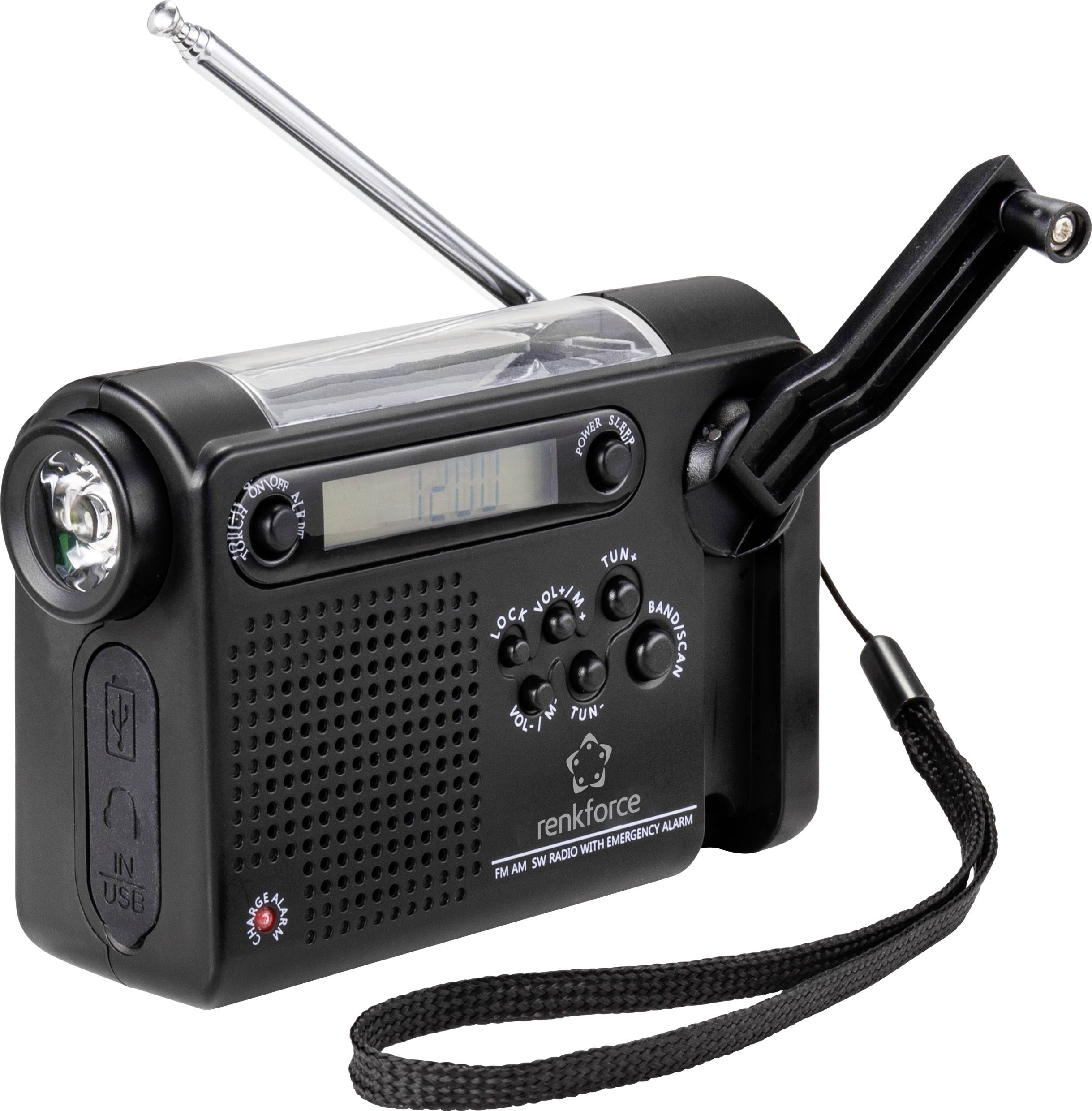 Un radio portable d'urgence noir avec manivelle, antenne et lampe de poche intégrée. Il est équipé d'un écran LCD et d'une boucle.