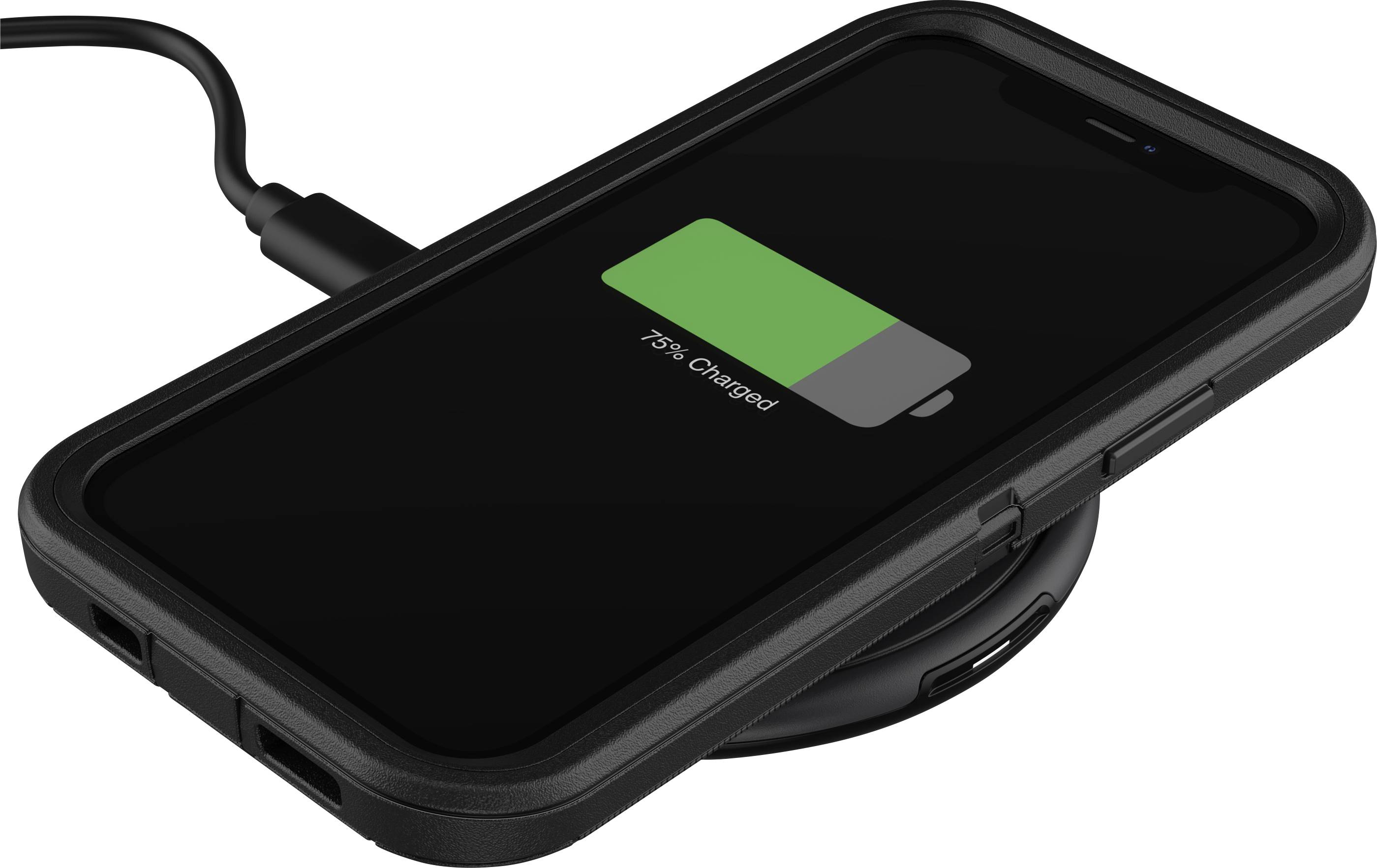 Un smartphone est posé sur une station de charge sans fil. L'écran affiche un indicateur de batterie indiquant un niveau de charge de 75 %.