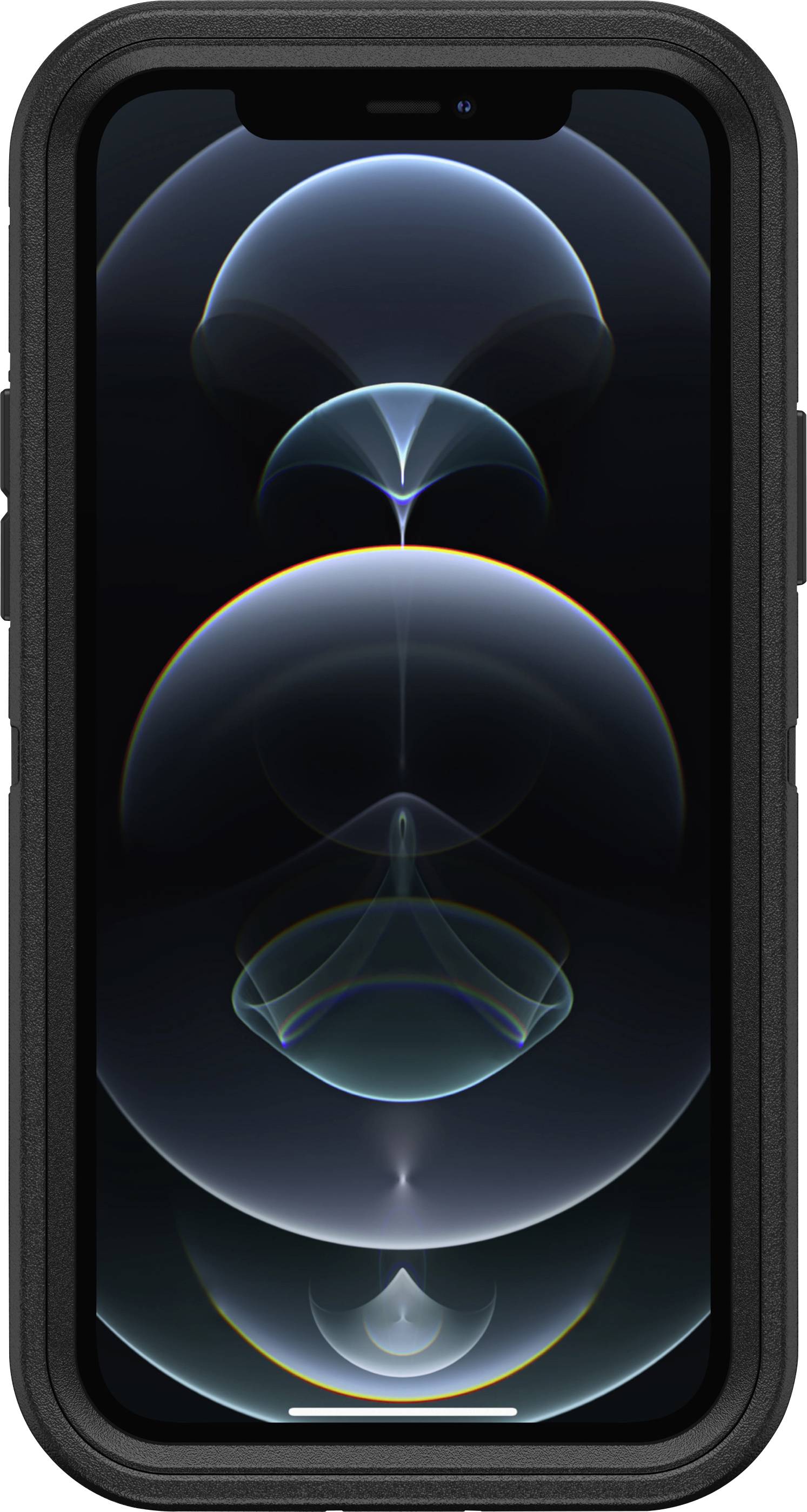 Smartphone à l'écran sombre, affichant un motif abstrait de cercles lumineux. L'appareil est doté d'un étui de protection noir et robuste.
