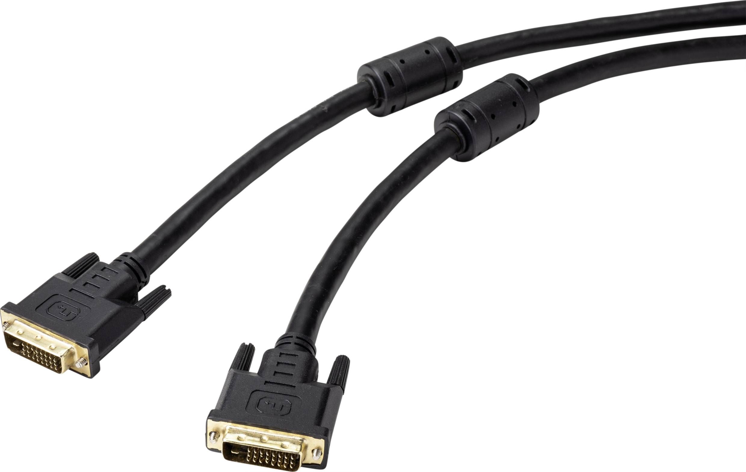 Deux câbles de moniteur DVI noirs avec des connecteurs métalliques et des noyaux de ferrite pour l'amplification du signal, disposés côte à côte.