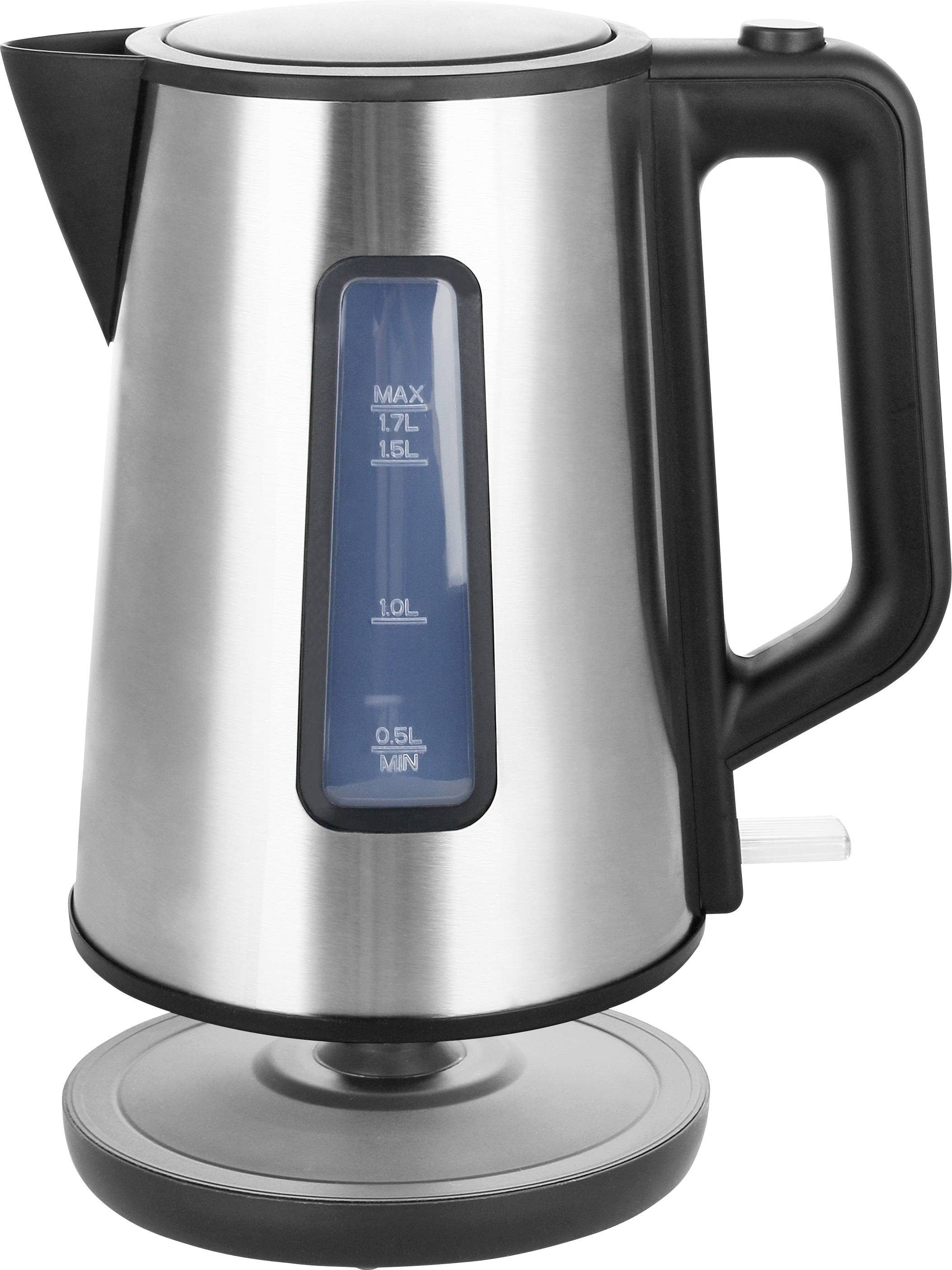 Bouilloire métallique avec poignée noire et indicateur de niveau d'eau bleu, affichant une capacité maximale de 1,7 litres.