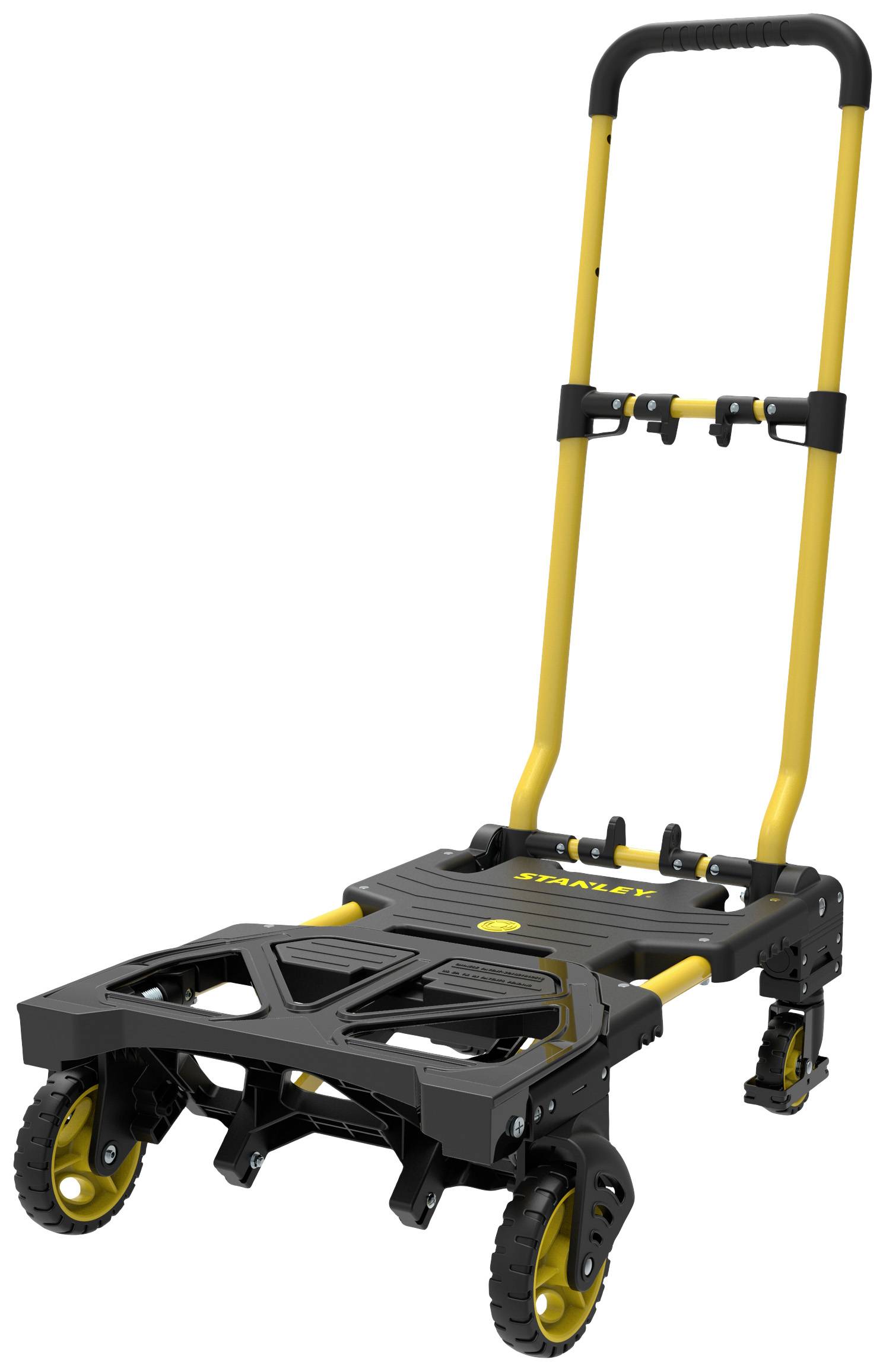 Chariot à main avec châssis jaune et plateforme noire, quatre roues et poignée réglable, adapté au transport de charges lourdes.