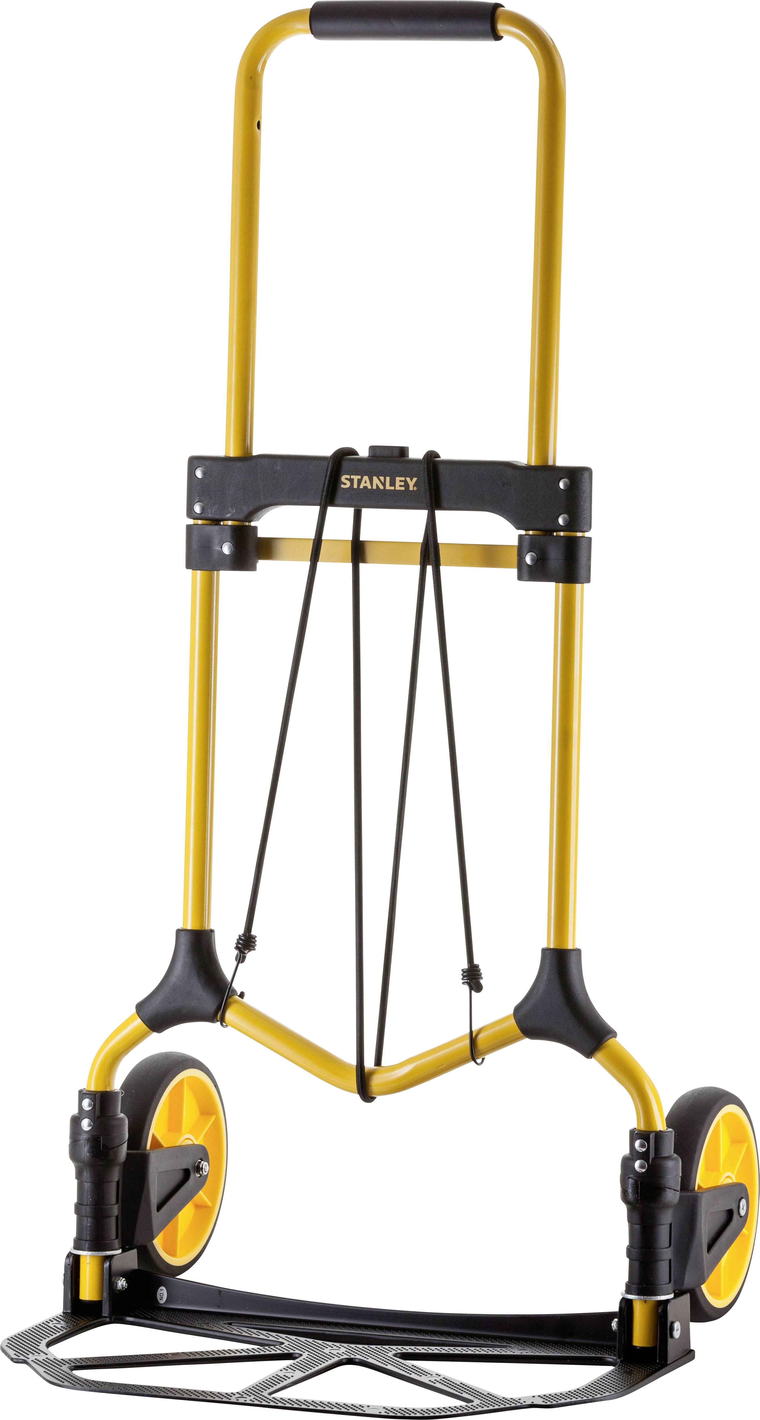 Chariot pliable à deux roues avec un châssis jaune et des accents noirs, adapté pour le transport d'objets lourds.