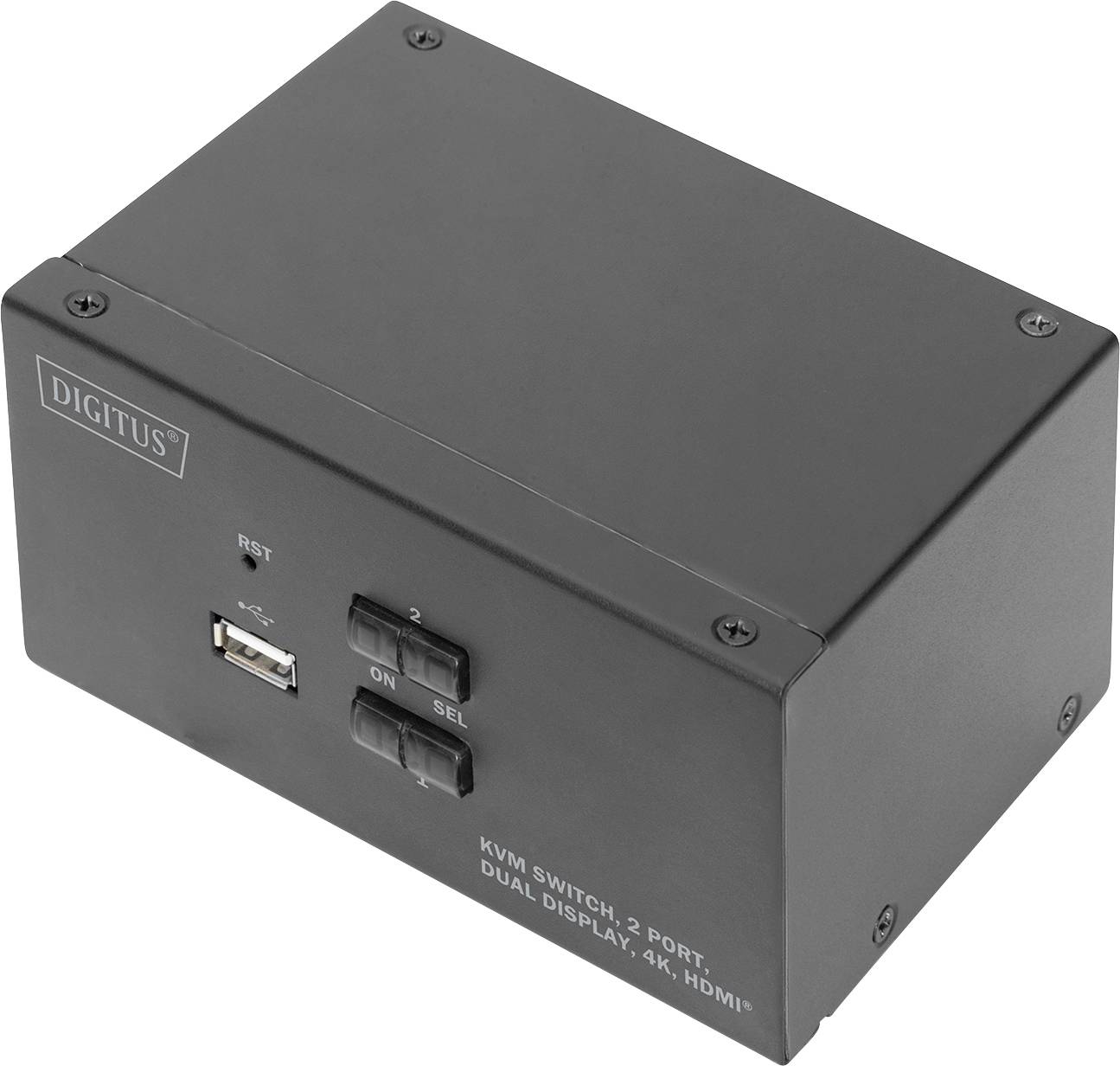 Un commutateur KVM rectangulaire de Digitus avec deux boutons et un port USB, étiqueté 'Commutateur KVM, 2 ports, Double écran, 4K, HDMI'.
