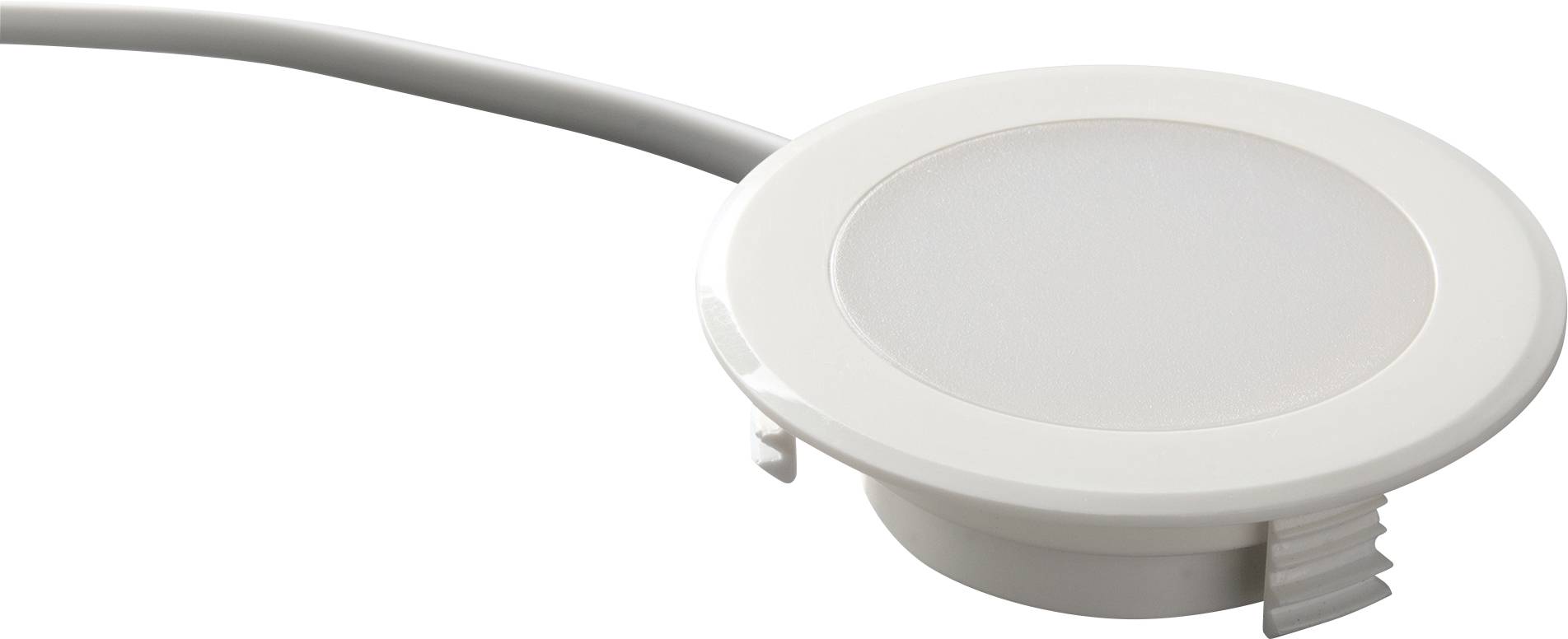 Un luminaire LED encastrable rond blanc avec câble, adapté pour un éclairage discret dans les meubles ou pour accentuer les espaces intérieurs.