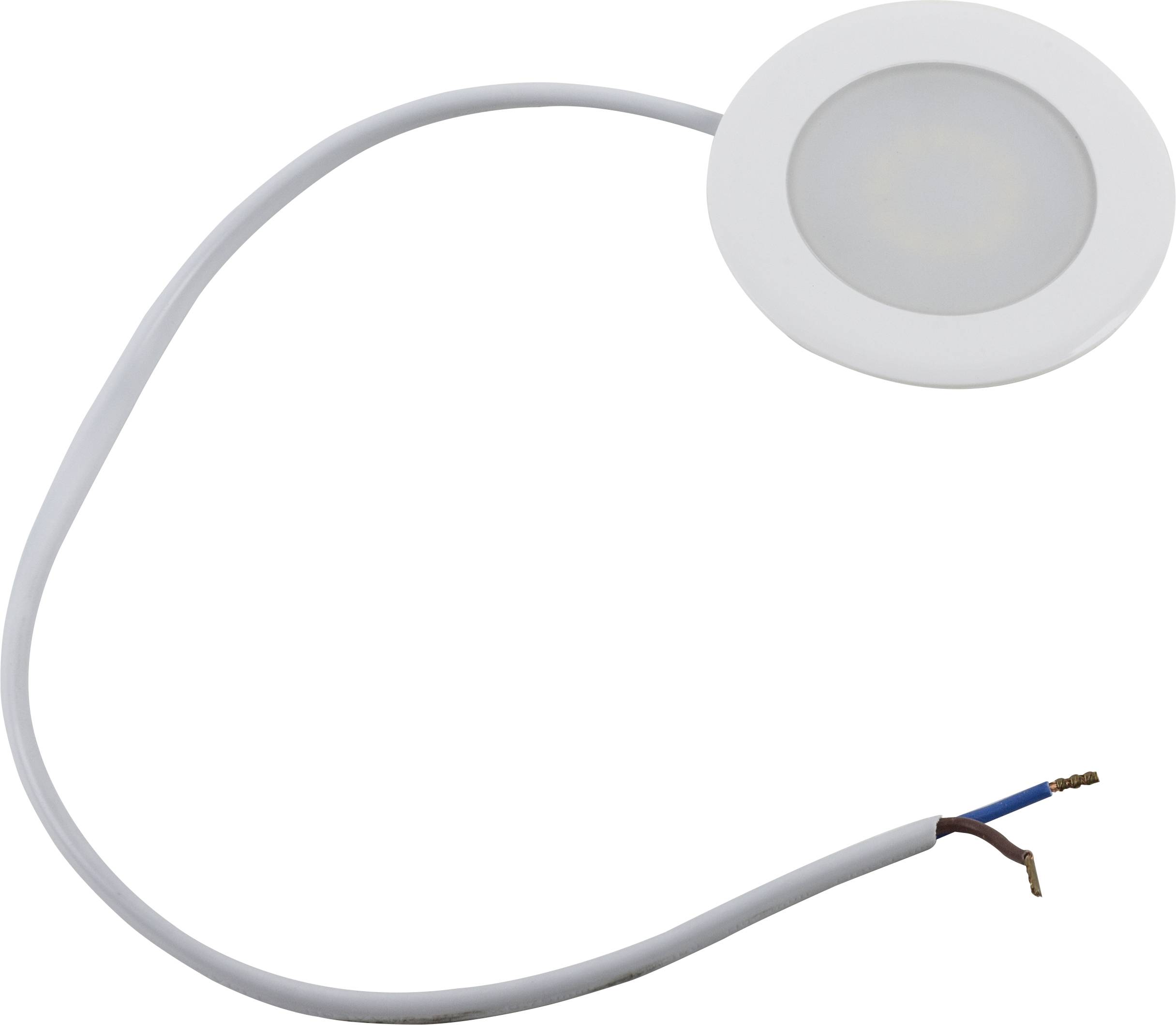 Projecteur spot LED rond, plat et blanc avec un câble connecté qui est ouvert à son extrémité. Idéal pour l'éclairage plafond.