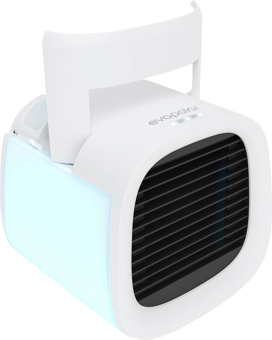 Un refroidisseur d'air portable blanc avec un côté bleu vif et une ventilation noire à l'avant. Un logo de marque 'evapolar' est visible en haut.