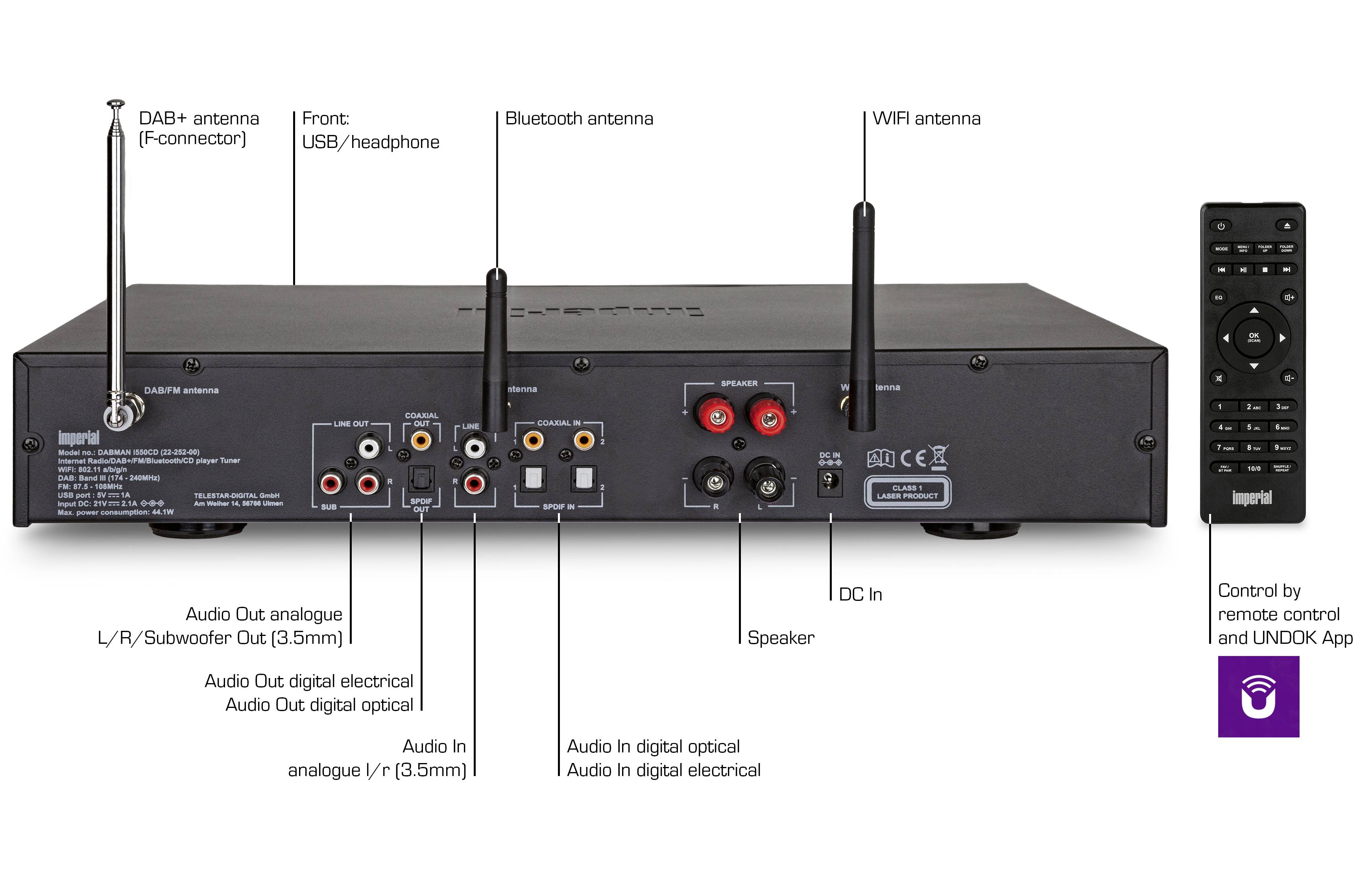 Imperial DABMAN i550CD Récepteur stéréo réseau 2x42 W noir Bluetooth®, DAB+, radio Internet, USB, WiFi