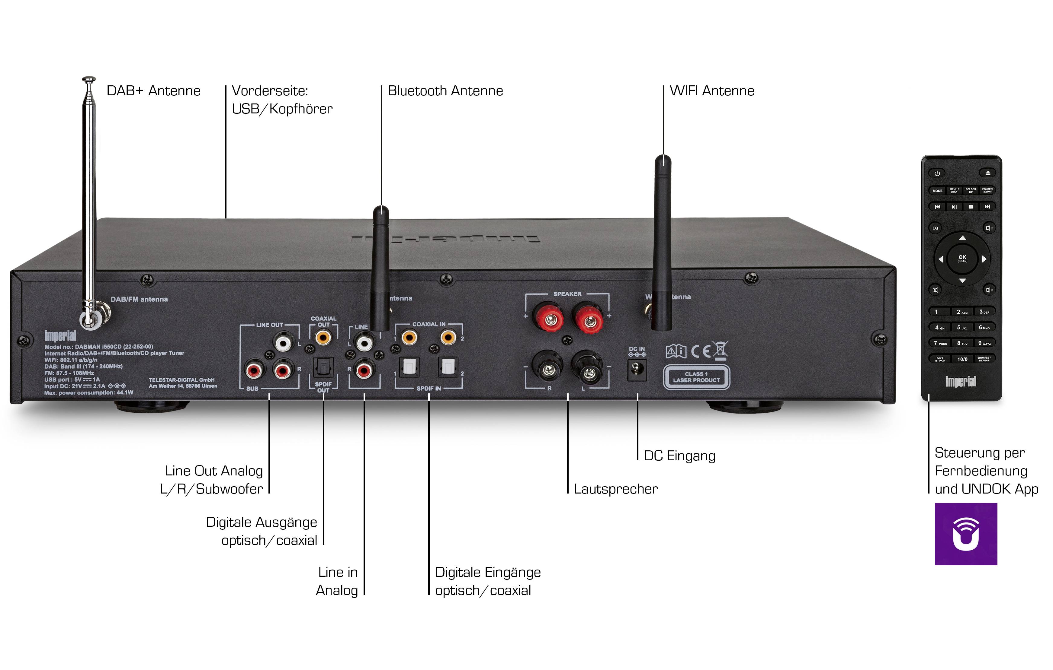Imperial DABMAN i550CD Récepteur stéréo réseau 2x42 W noir Bluetooth®, DAB+, radio Internet, USB, WiFi