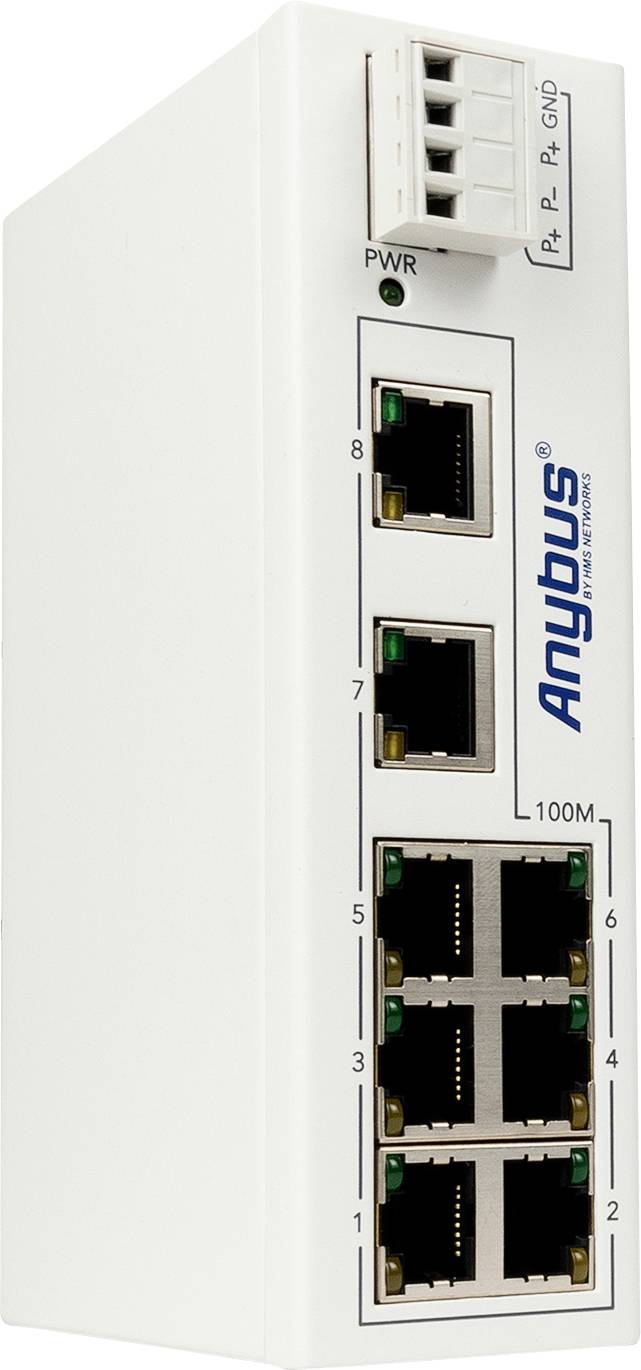 Un commutateur de réseau industriel avec huit ports Ethernet et un indicateur de puissance. Inscription : 'Anybus'.