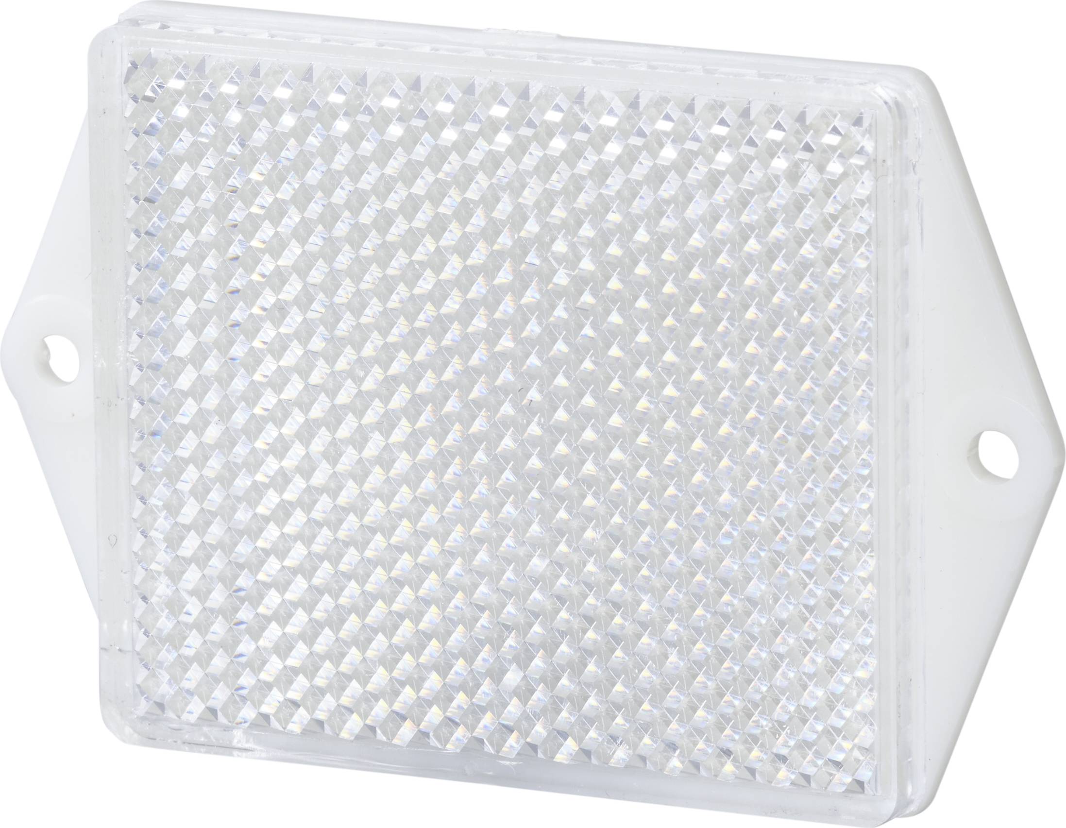 Un réflecteur rectangulaire blanc pour vélos ou véhicules avec une surface réfléchissante, destiné à augmenter la visibilité dans l'obscurité.