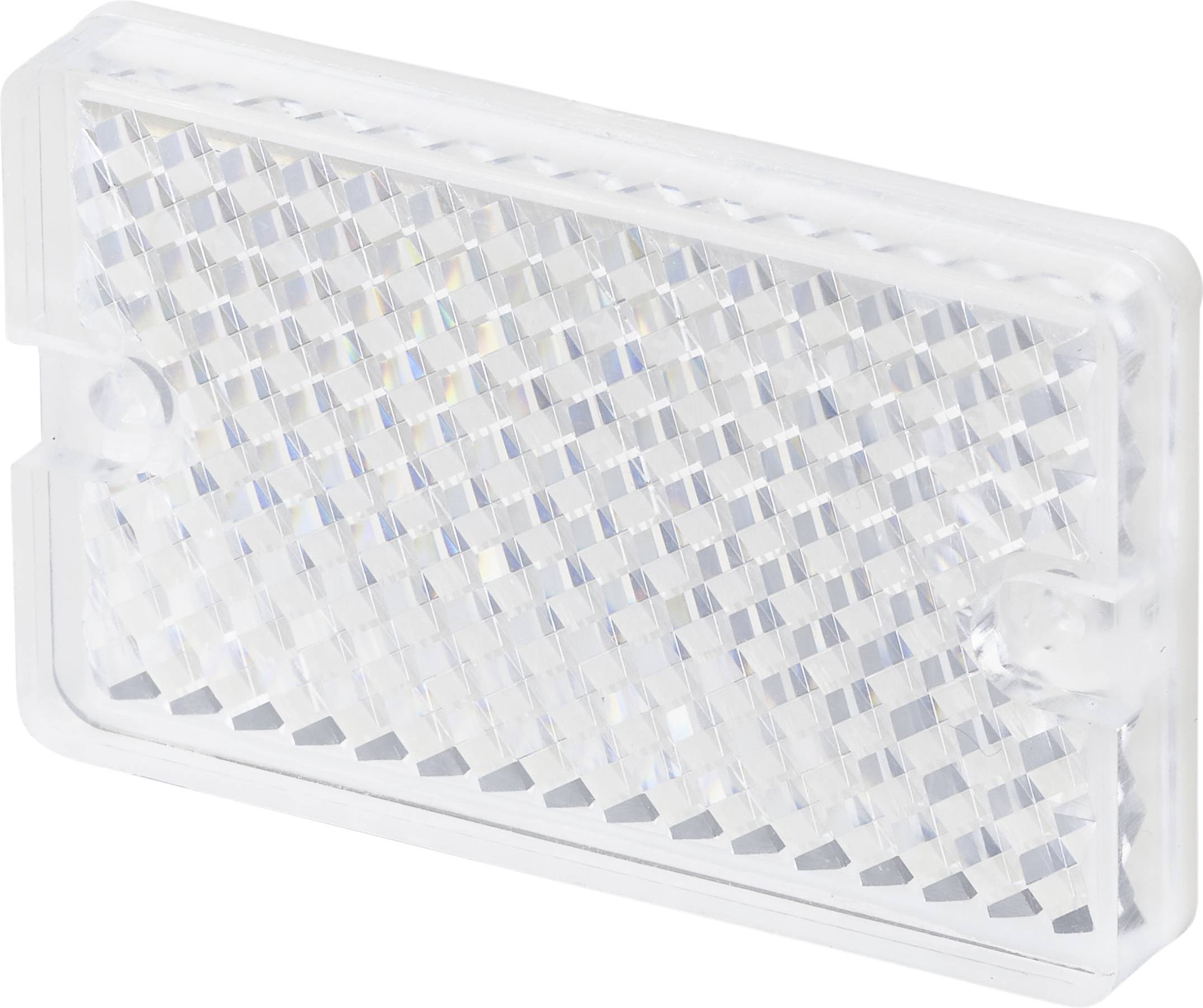 Un réflecteur rectangulaire transparent avec un motif en losange, principalement blanc, sur un fond blanc.