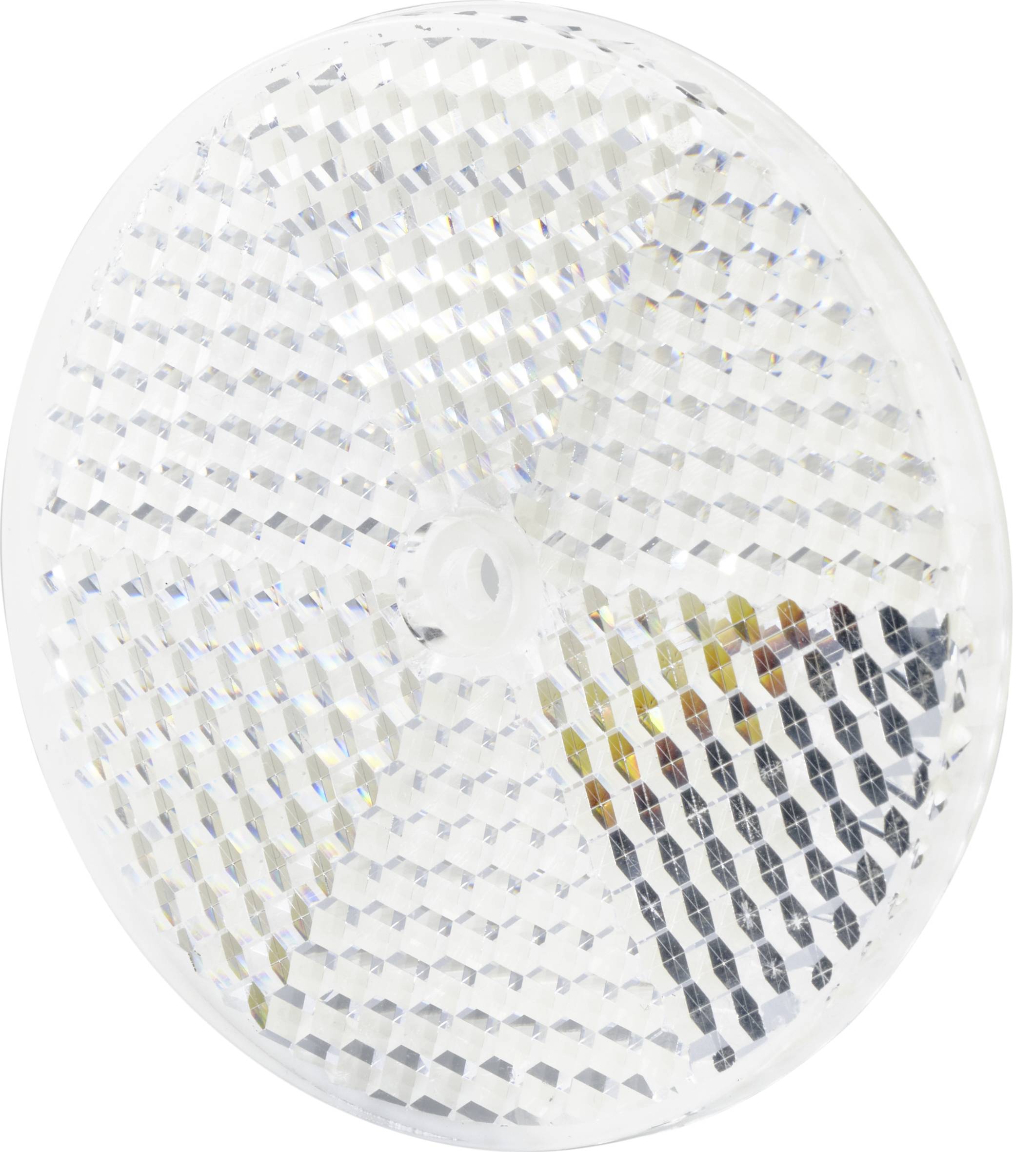 Réflecteur rond en plastique blanc à surface prismatique pour améliorer la visibilité dans l'obscurité.