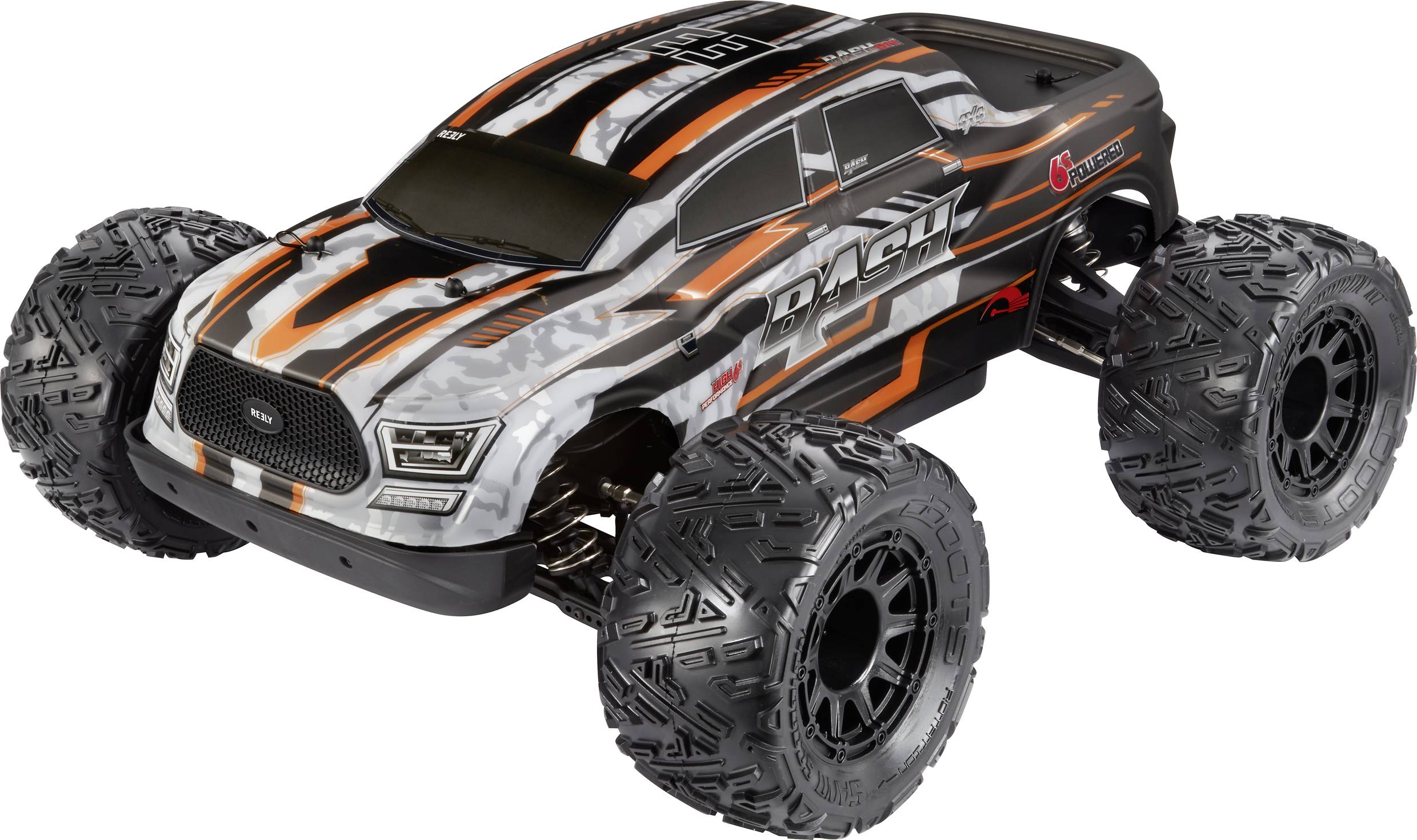 Une voiture télécommandée de type tout-terrain avec de grandes roues et une carrosserie noir, orange et blanc.