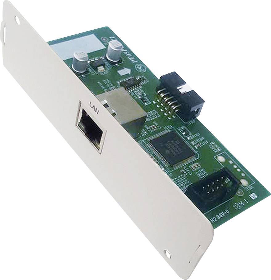 Une carte électronique verte avec un port LAN et plusieurs composants, montée sur une plaque métallique blanche.
