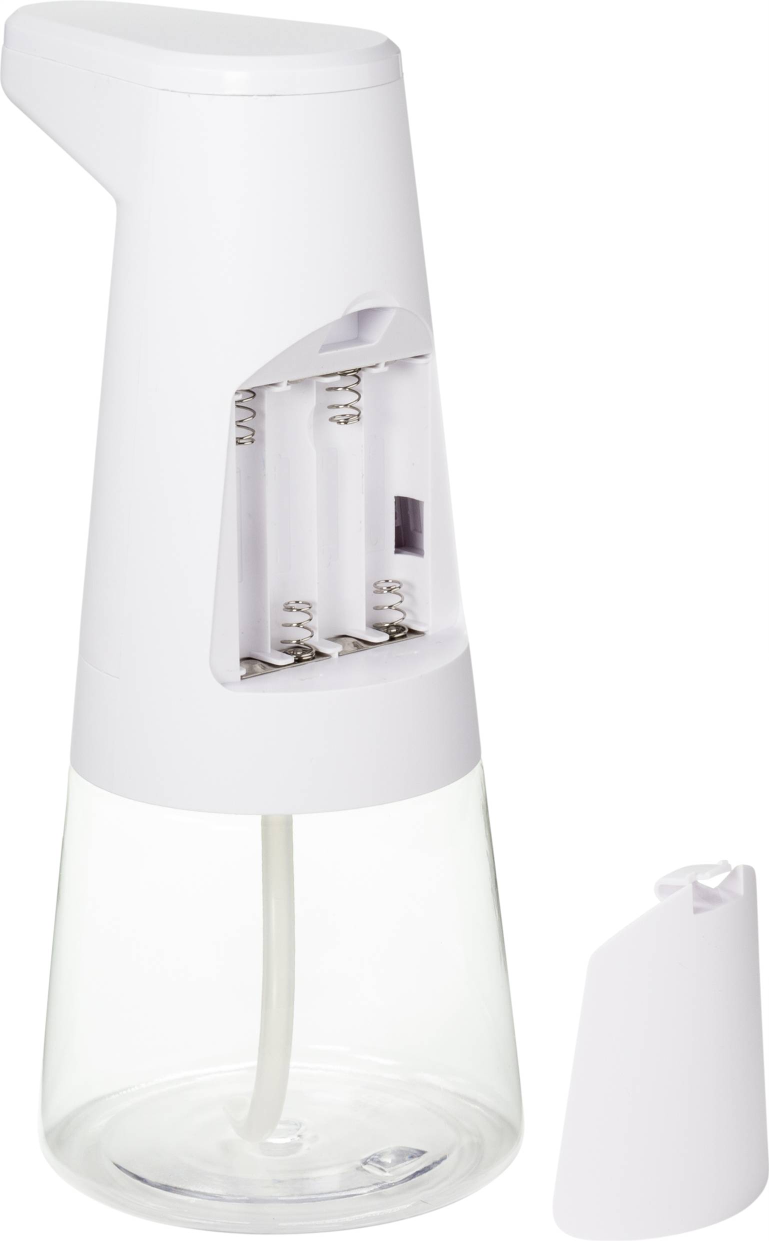 Distributeur de savon automatique blanc avec couvercle amovible et compartiments à piles visibles, sans piles à l'intérieur.