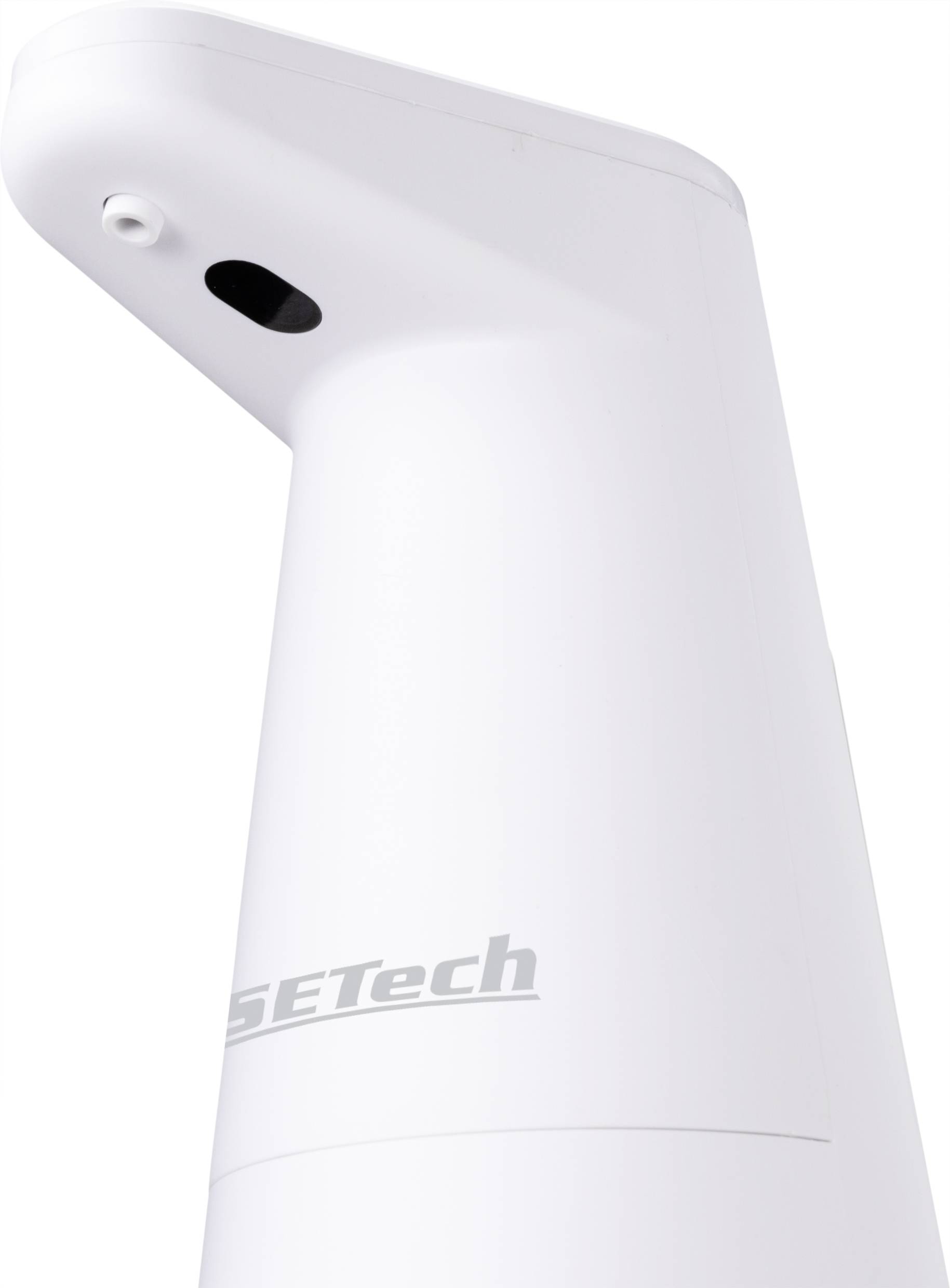 Distributeur automatique blanc avec capteur, marque SETech, pour la distribution sans contact de savon ou de désinfectant.