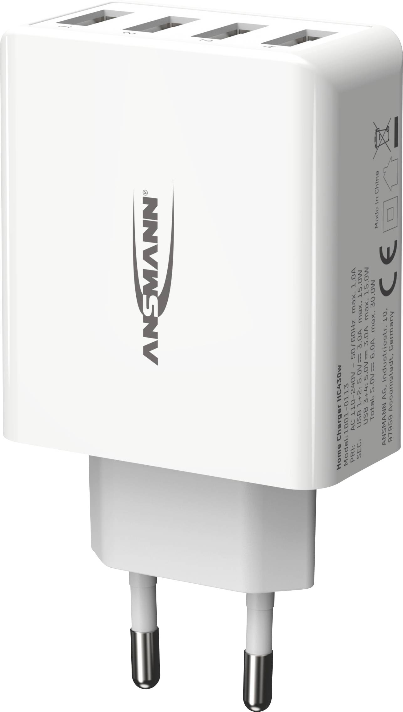 Ansmann HomeCharger HC430 Chargeur USB 30 W 4x USB-A blanc intérieure