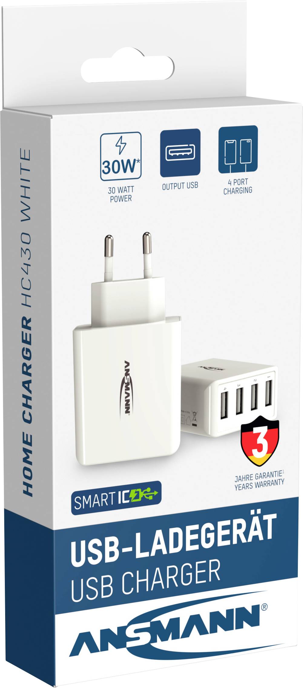Ansmann HomeCharger HC430 Chargeur USB 30 W 4x USB-A blanc intérieure