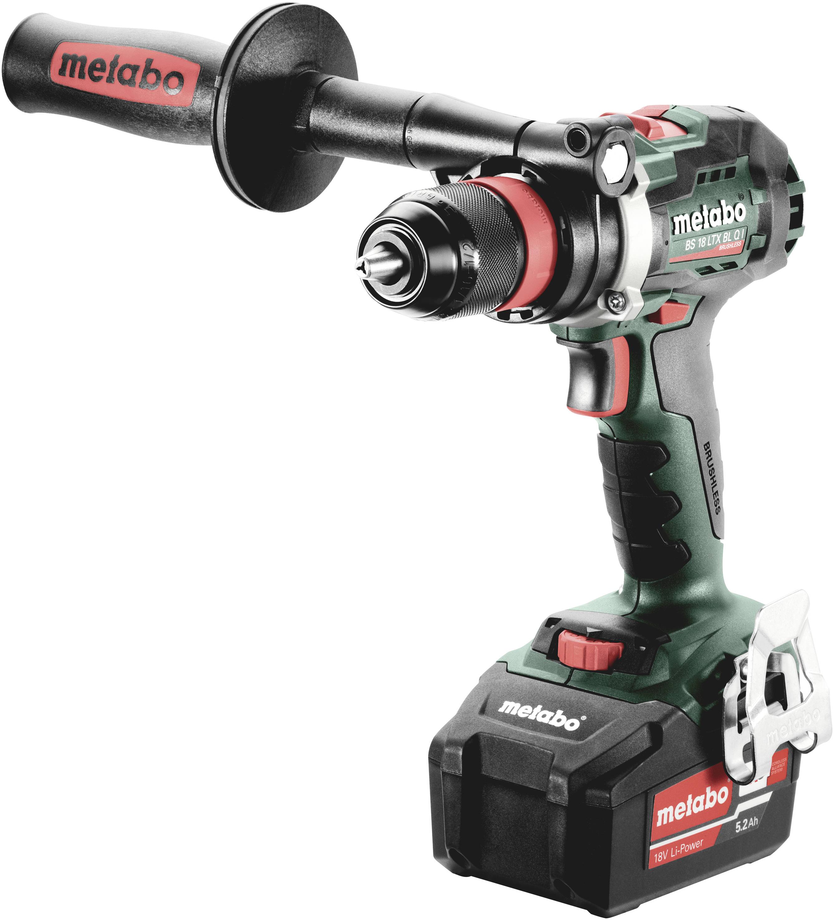 Perceuse-visseuse sans fil au design rouge et vert, avec poignée ergonomique et logo Metabo, adaptée aux travaux de bricolage et aux utilisations professionnelles.
