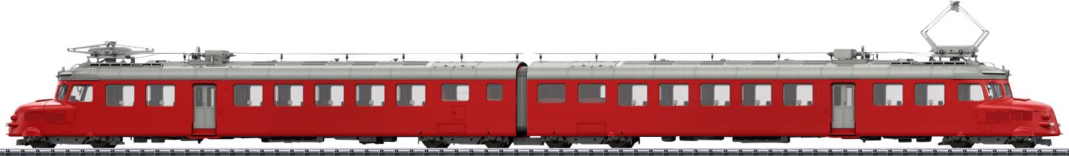 Un train rouge avec deux wagons sur une voie ferrée. Le train a un toit argenté et des caractéristiques ferroviaires classiques.