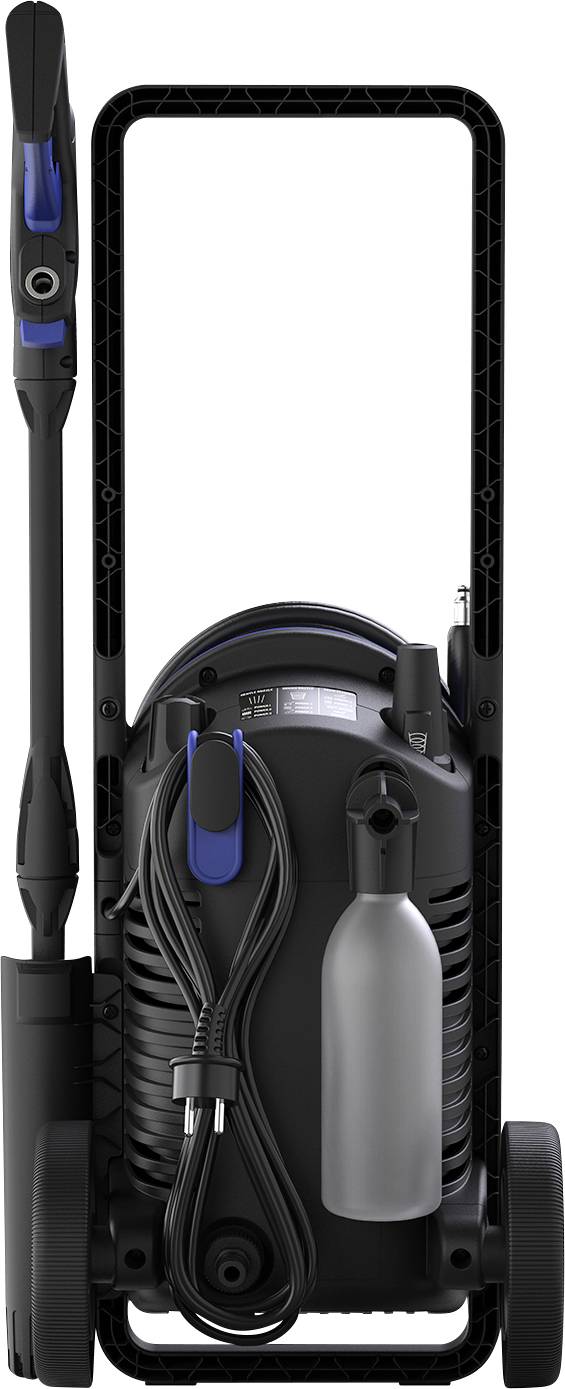 Un nettoyeur haute pression noir avec des touches bleues, vertical et droit, montre une bouteille et un tuyau replié.