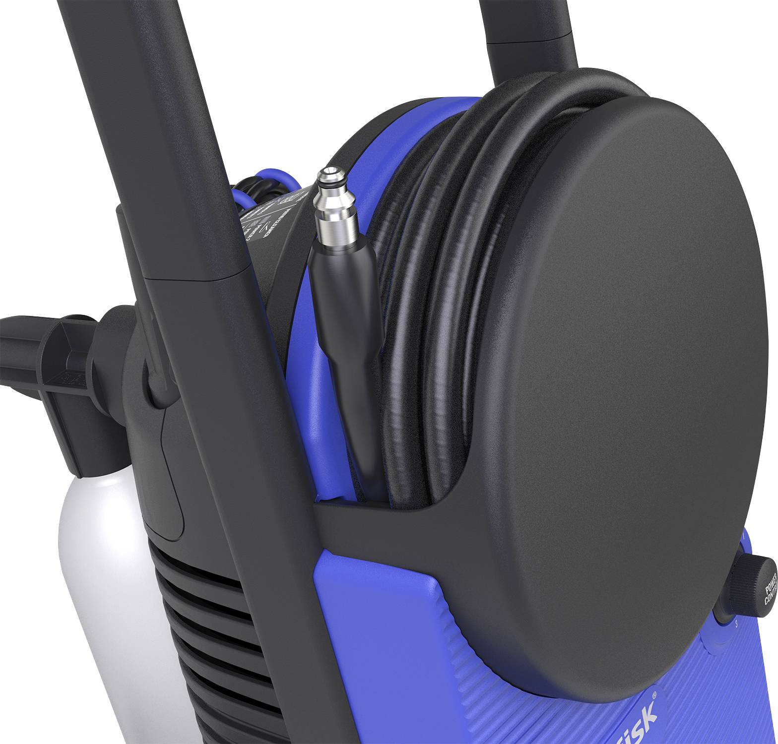 Un gros plan d'un nettoyeur haute pression avec un tuyau enroulé et une poignée noire, révèle les détails de sa construction.