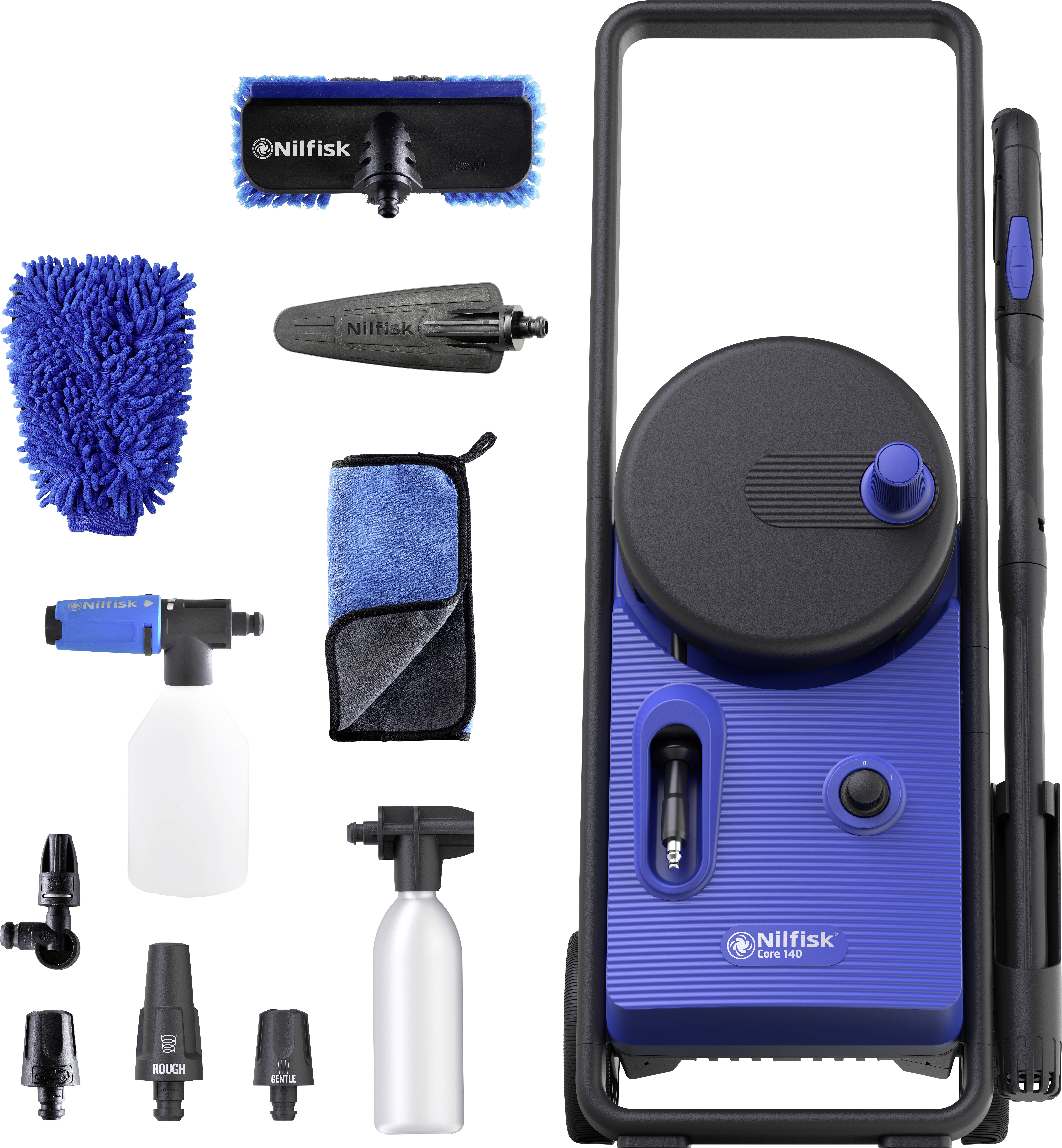 Ensemble de nettoyeur haute pression 'Nilfisk Core 150' avec différentes buses, brosses et produits de nettoyage pour des applications polyvalentes.