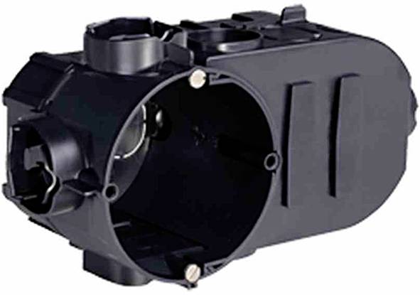 Un boîtier cylindrique noir en plastique, doté de plusieurs points de fixation, probablement adapté pour des dispositifs techniques ou des connexions.