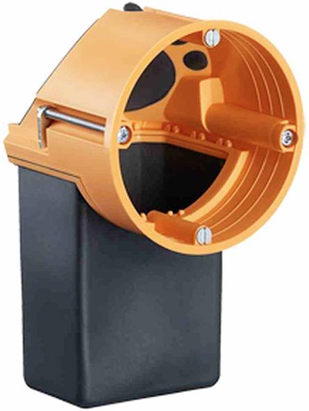 Boîte de dérivation encastrée orange et noire pour câbles électriques. Contient des vis de fixation murale. Convient pour les installations électriques.