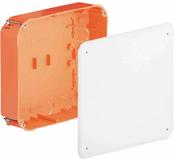 Boîtier orange avec couvercle frontal blanc retiré, adapté pour les installations électriques.