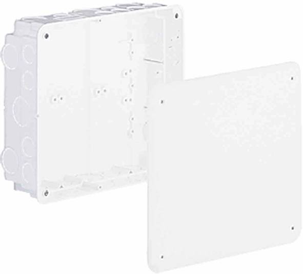 Boîte de distribution électrique en plastique blanc avec couvercle amovible. Adaptée au câblage et à l'organisation des câbles.