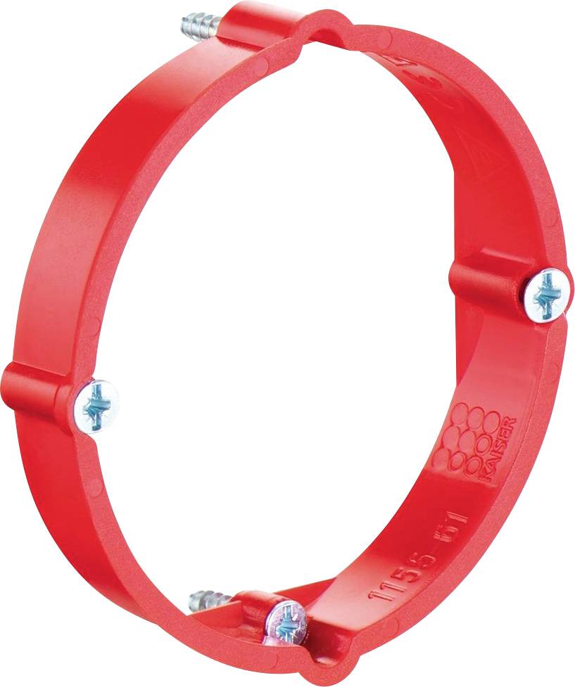 Un anneau de fixation rouge en plastique, fixé avec quatre vis. Utilisé pour sécuriser des câbles ou des tuyaux.