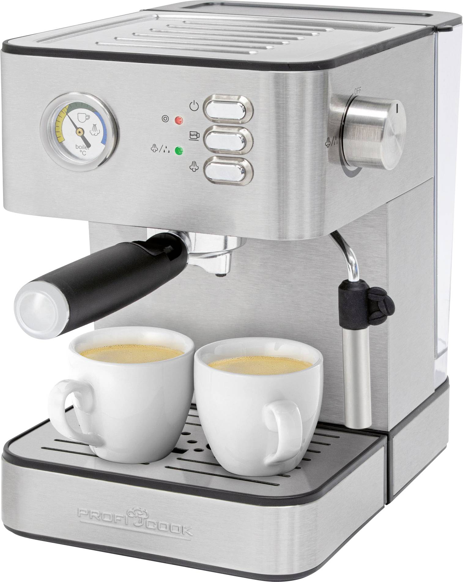 Machine à espresso en acier inoxydable avec deux tasses d'espresso en dessous, un manomètre à gauche, un bouton rotatif à droite et un chauffe-tasses en haut.