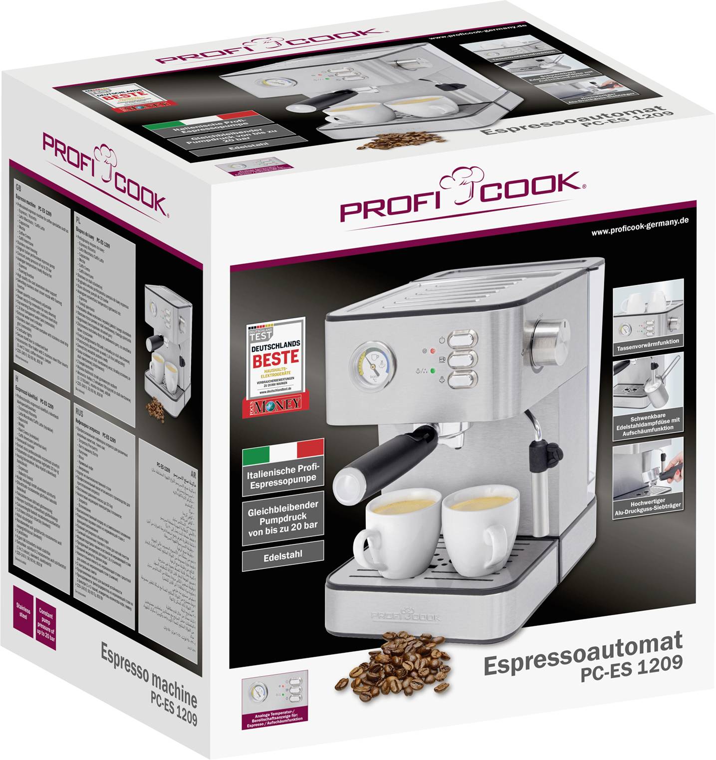 Emballage d'une machine à espresso avec image de l'appareil, deux tasses d'espresso, nom de marque 'ProfiCook', modèle 'PC-ES 1209'.