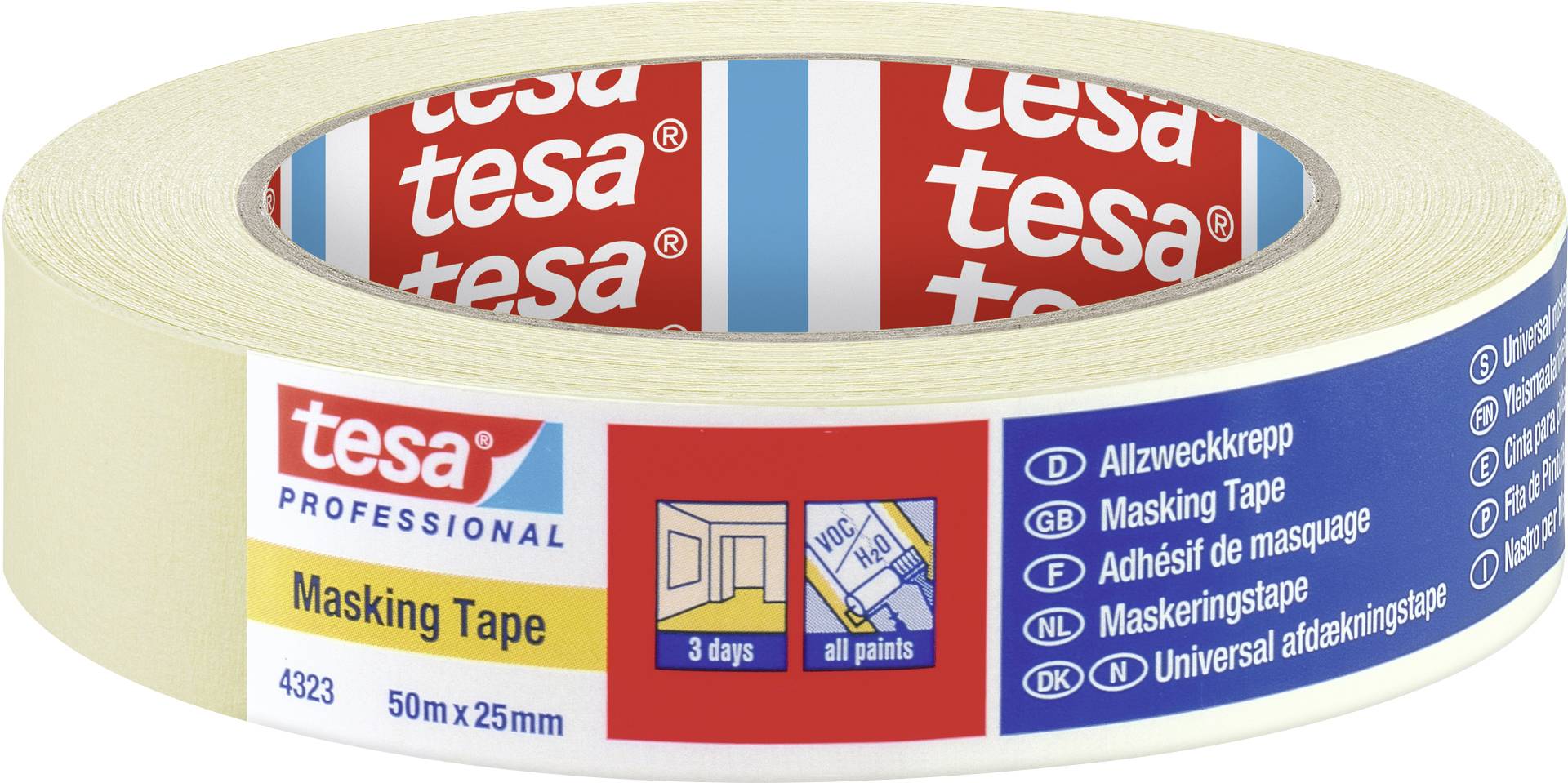 Rouleau de ruban adhésif beige de la marque 'tesa' sur fond blanc, avec des informations d'étiquetage en plusieurs langues, dont 'Masking Tape', 50m x 25mm.