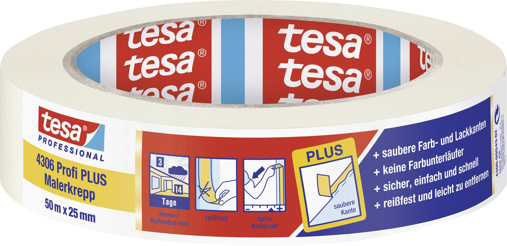 Illustration d'un ruban de masquage Tesa, 50 m x 25 mm, décrit comme 'propre, sûr et facile' pour les travaux de peinture et de vernissage.