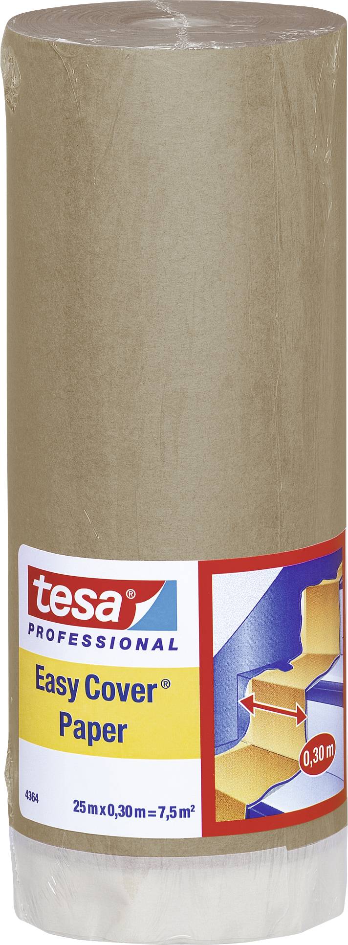 Rouleau Tesa Easy Cover Papier, 25 m x 0,30 m = 7,5 m², pour recouvrir lors de travaux de peinture. L'emballage présente le nom du produit et une image de son utilisation.