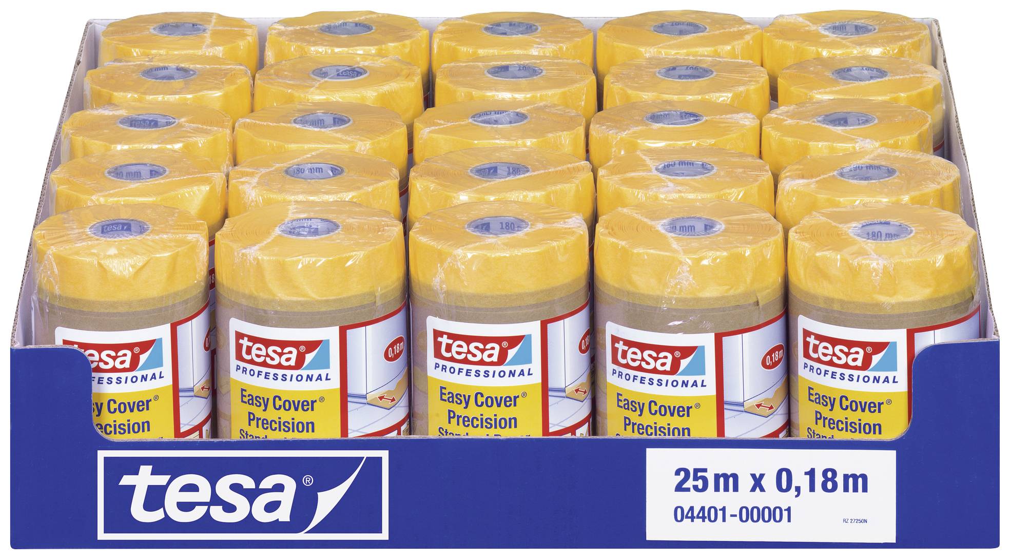Une boîte contenant plusieurs rouleaux de 'tesa Easy Cover Precision', chaque rouleau mesurant 25 m x 0,18 m, avec un ruban jaune.