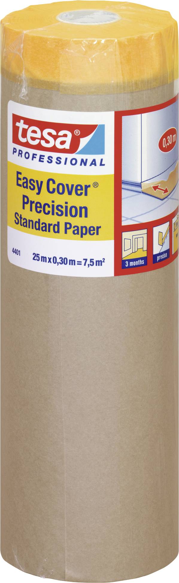 Rouleau Tesa Easy Cover Precision papier standard, longueur 25m, largeur 0,30m, surface 7,5m². Logo de marque en haut. Pour 3 applications.