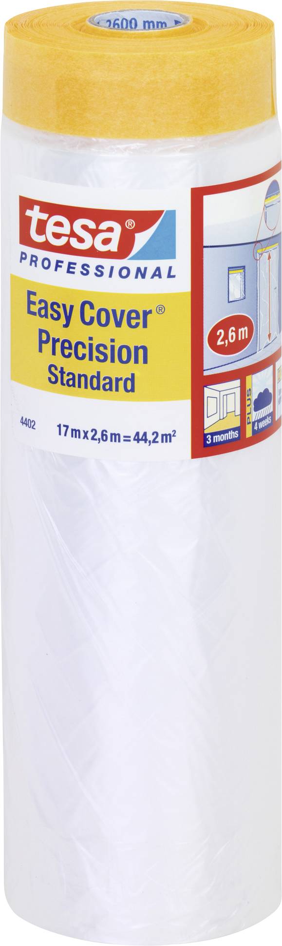 Rouleau avec tesa Easy Cover Precision Standard ; largeur 2,6 m, longueur 17 m, couverture 44,2 m². Pour un masquage et une protection précis lors de travaux de peinture.