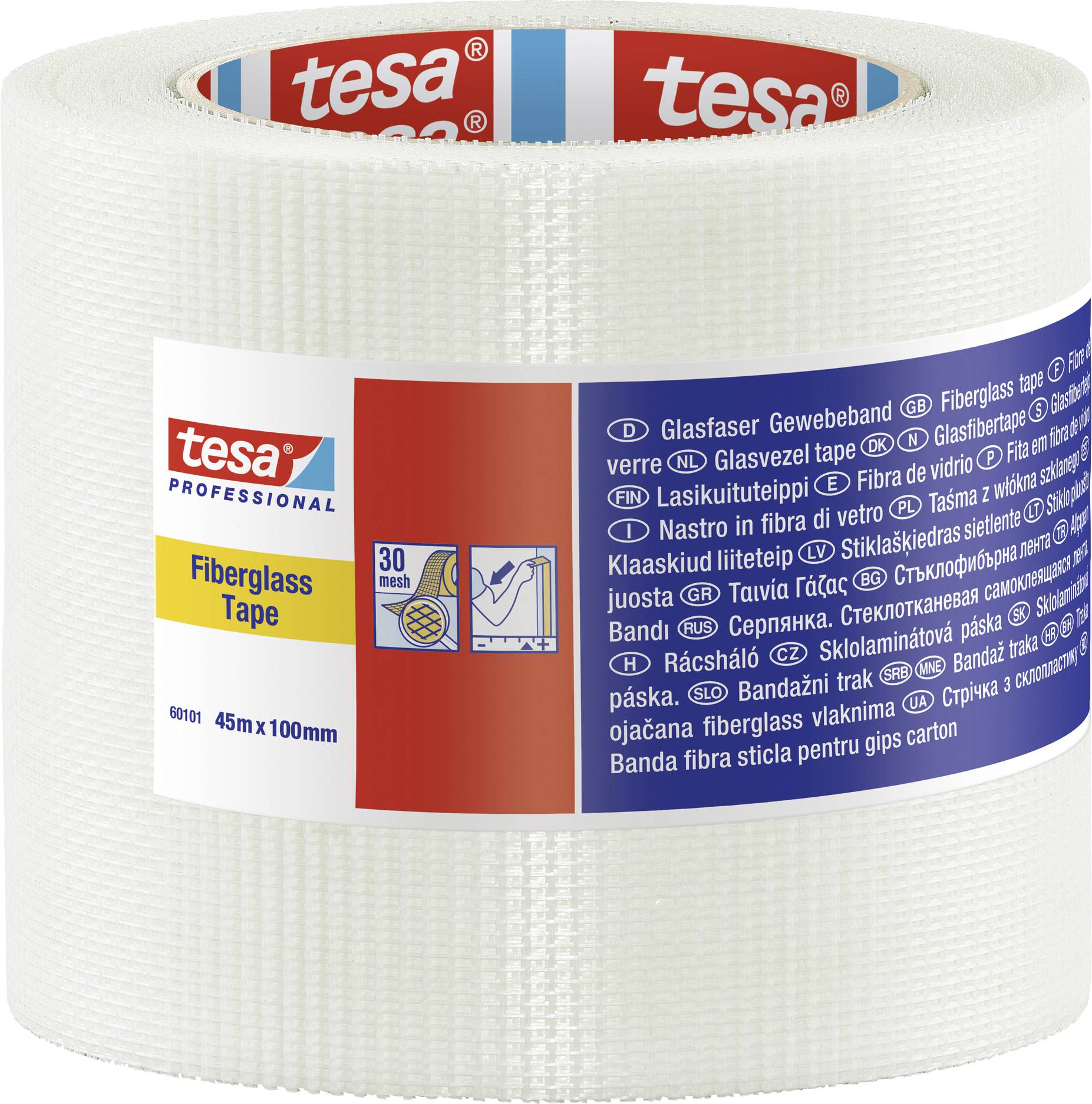 Rouleau de ruban adhésif en fibre de verre de la marque 'tesa', long de 45 m, adapté aux réparations.
