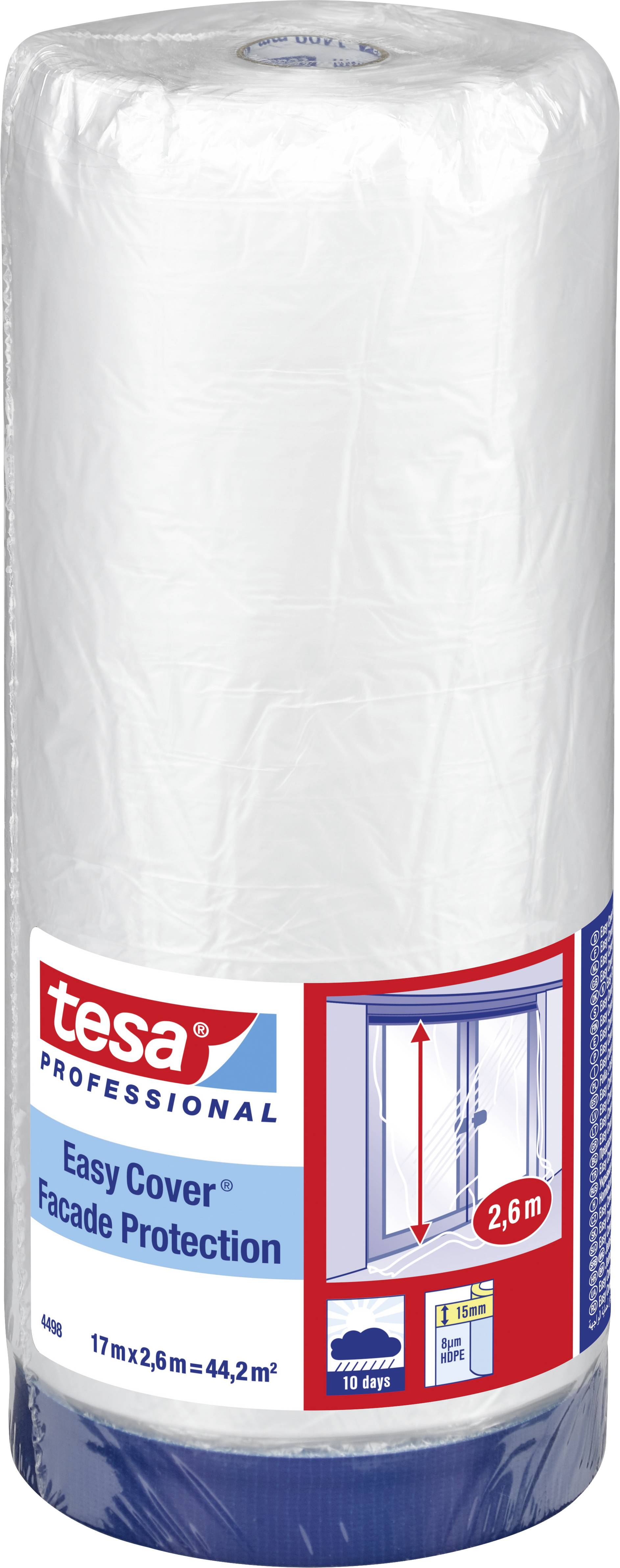 Un rouleau de film de protection Tesa Professional Easy Cover Façade, adapté pour des applications de 17 m x 2,6 m comme la couverture de fenêtres.