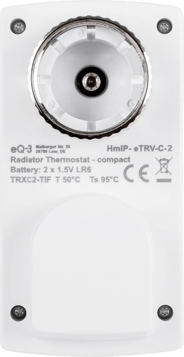 Thermostat de radiateur avec compartiment à piles et désignation de modèle 'HmIP-eTRV-C-2', ainsi que des détails sur les informations de batterie et de température.