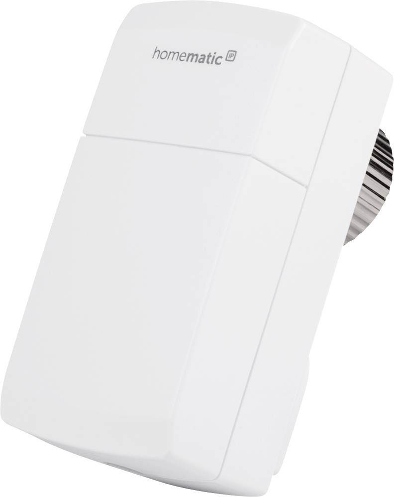 Appareil blanc rectangulaire avec un bouton rotatif sur le côté droit. 'Homematic' est inscrit en haut. Dispositif électronique pour la domotique.