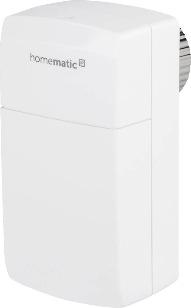 Un thermostat de radiateur blanc rectangulaire de Homematic. Il dispose d'une connexion métallique sur le côté droit.