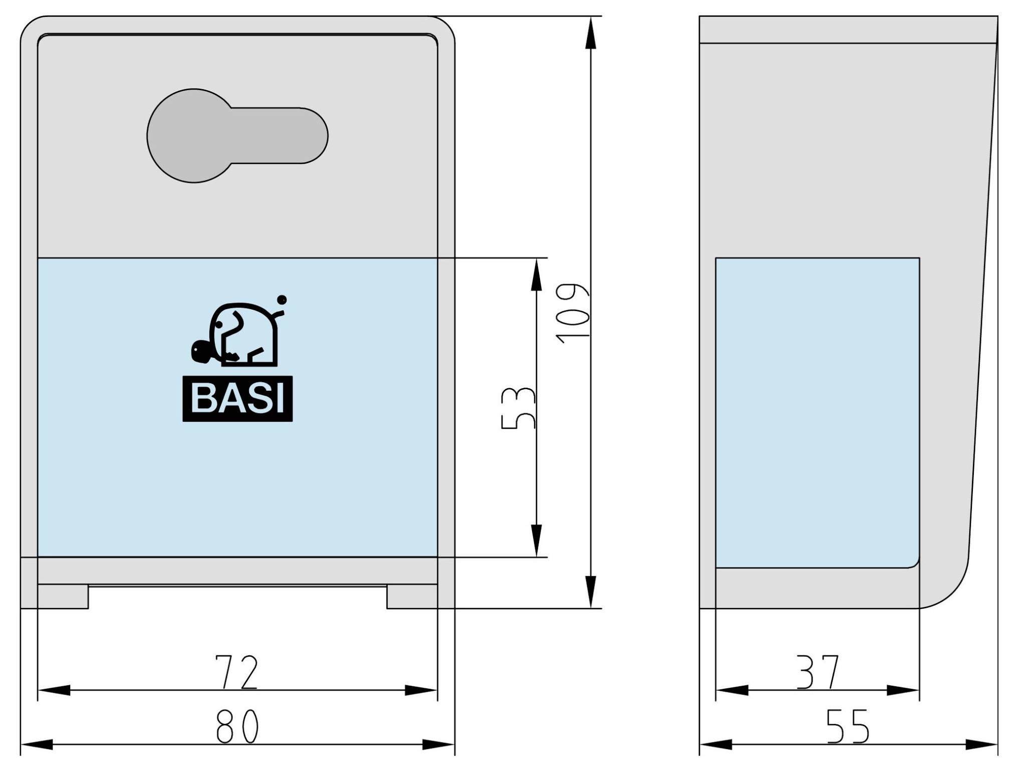 Deux dessins techniques d'un produit BASI avec dimensions : la vue de face montre une largeur de 80 mm, une hauteur de 109 mm ; la vue latérale montre une profondeur de 55 mm.